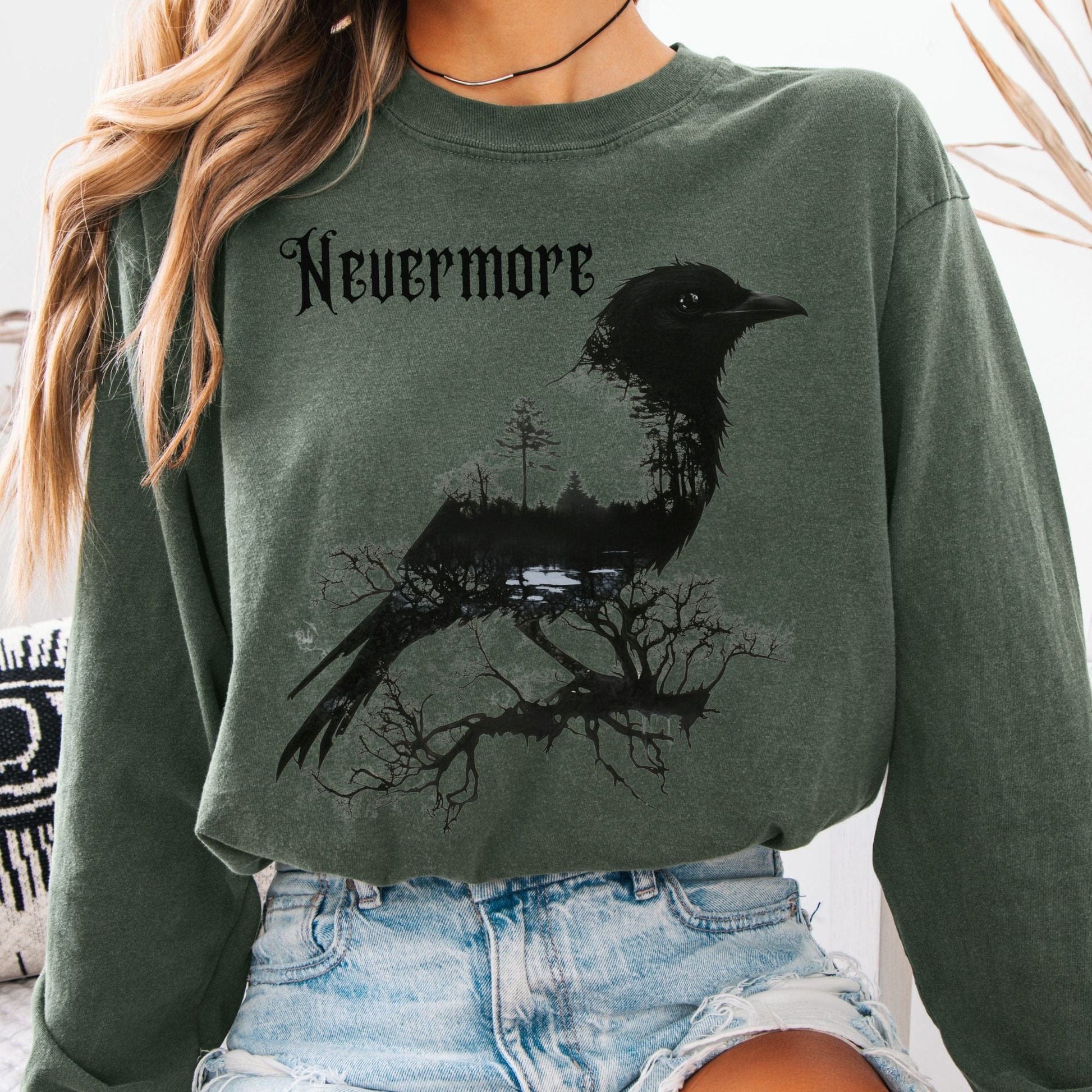 Long-sleeve Hemp / S The Raven Nevermore Long Sleeved Shirt Edgar Allan Poe The Mystic Eden