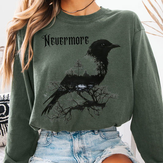 Long-sleeve Hemp / S The Raven Nevermore Long Sleeved Shirt Edgar Allan Poe The Mystic Eden