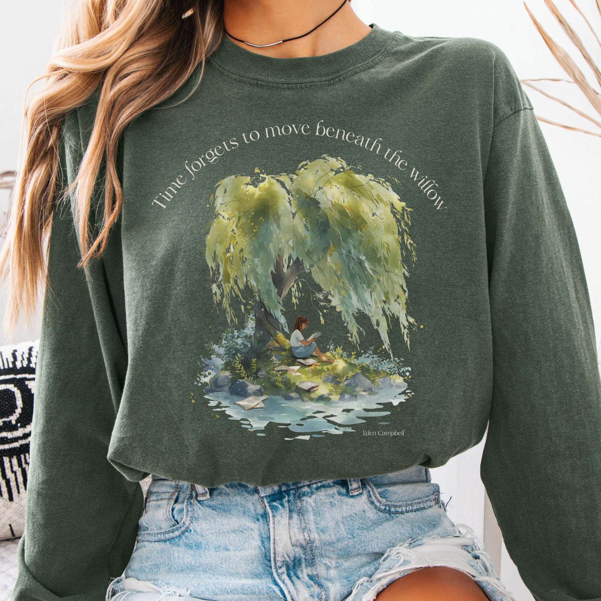 Long-sleeve Hemp / S Time Forgets to Move Beneath the Willow Long Sleeve Tee The Mystic Eden
