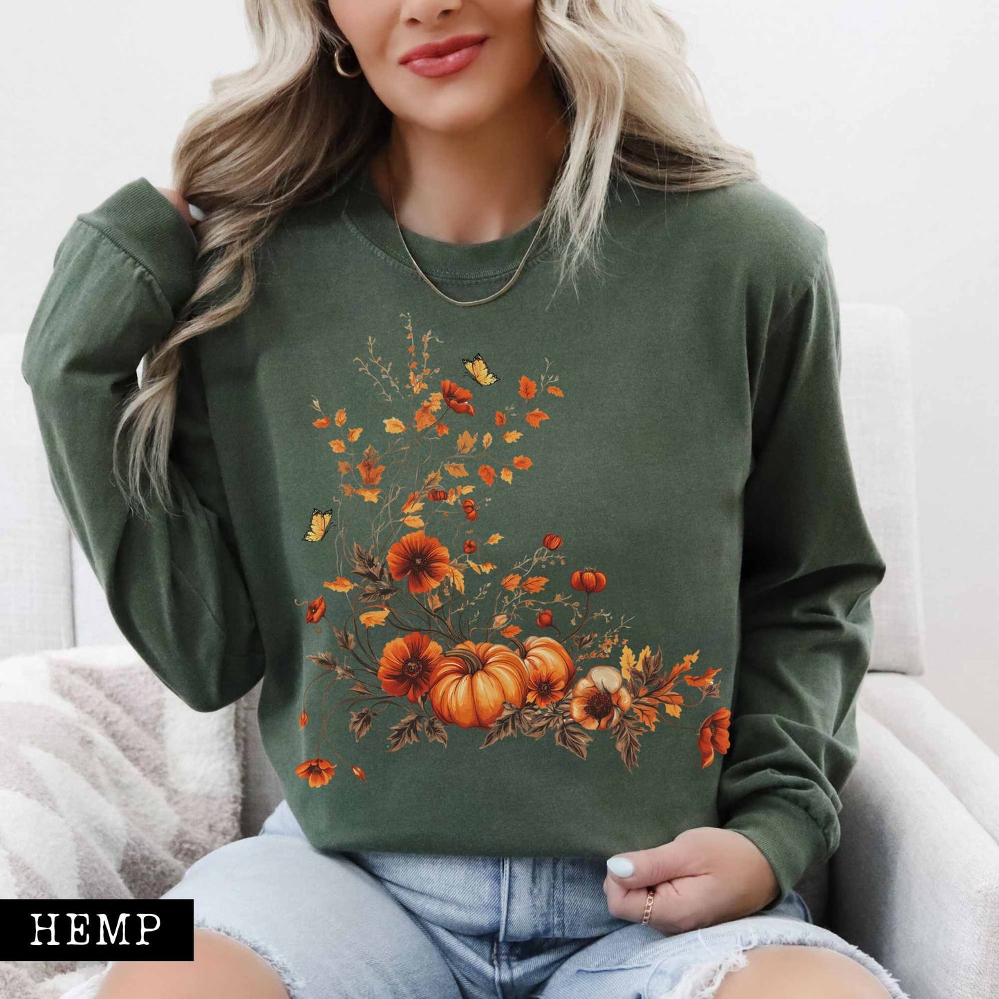 Long-sleeve Hemp / S Vintage fall floral pumpkin long sleeve tee The Mystic Eden
