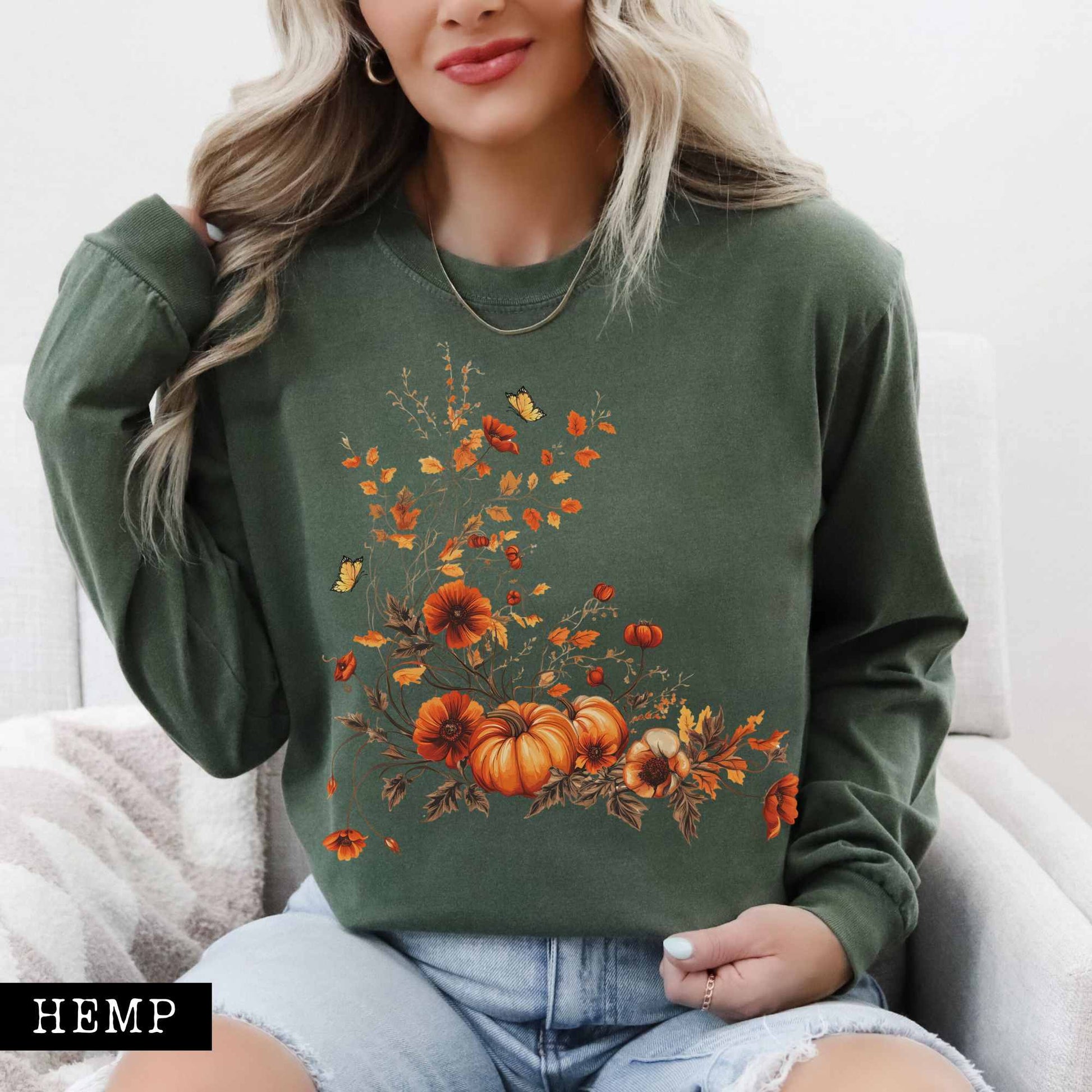 Long-sleeve Hemp / S Vintage fall floral pumpkin long sleeve tee The Mystic Eden