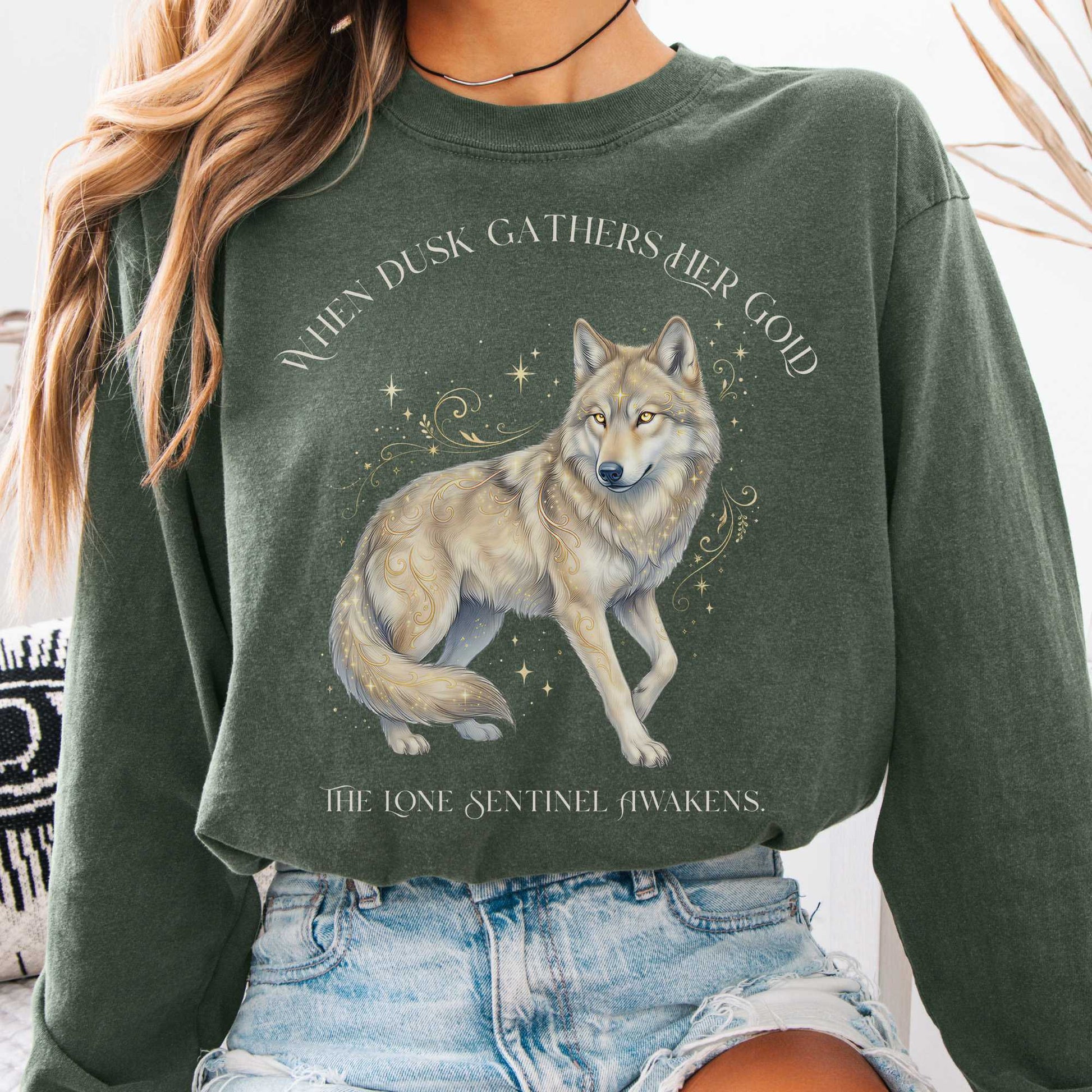 Long-sleeve Hemp / S When Dusk Gathers Her Gold Mystical Wolf Long Sleeve The Mystic Eden
