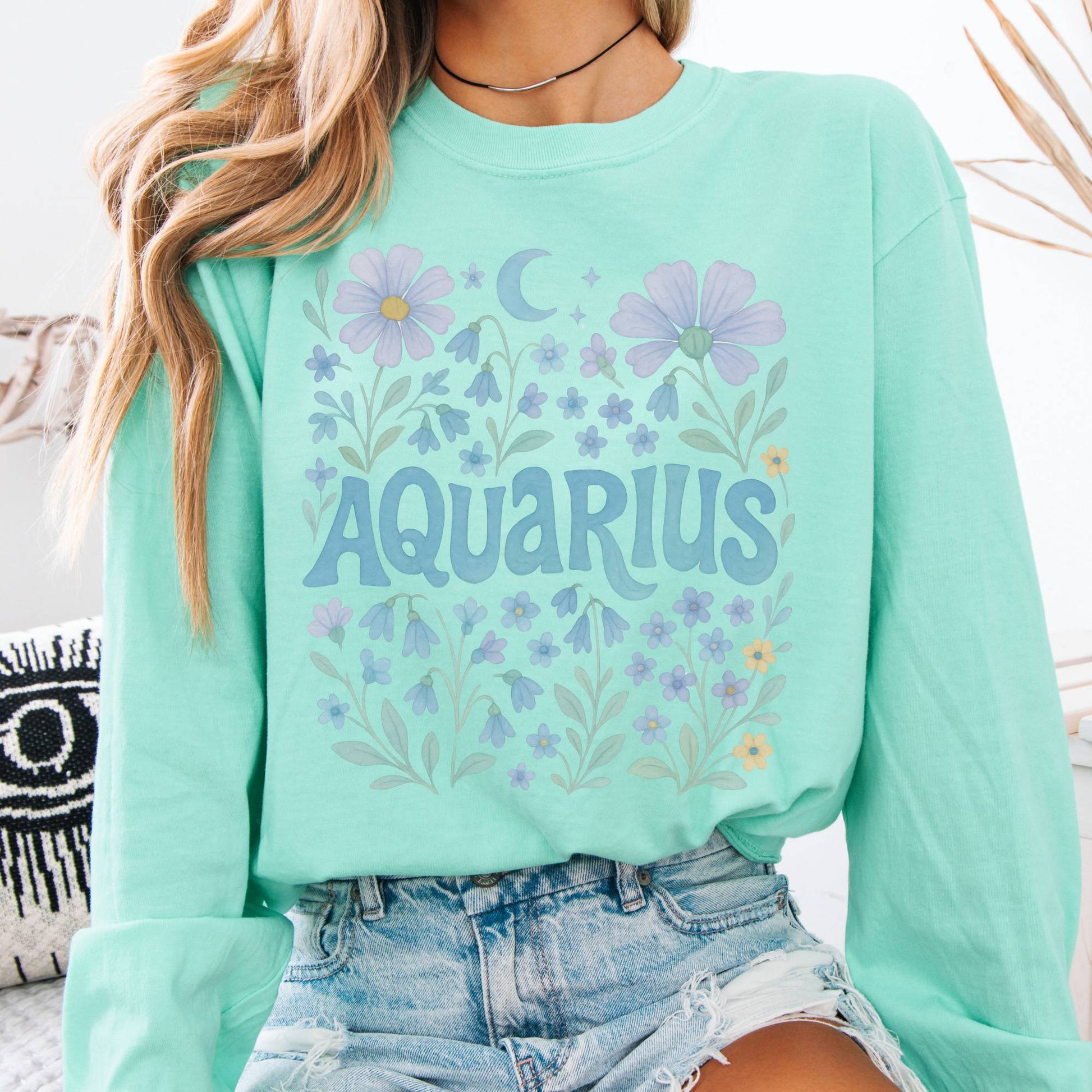Long-sleeve Island Reef / S Aquarius Long Sleeve Shirt – Zodiac Retro Floral Tee The Mystic Eden