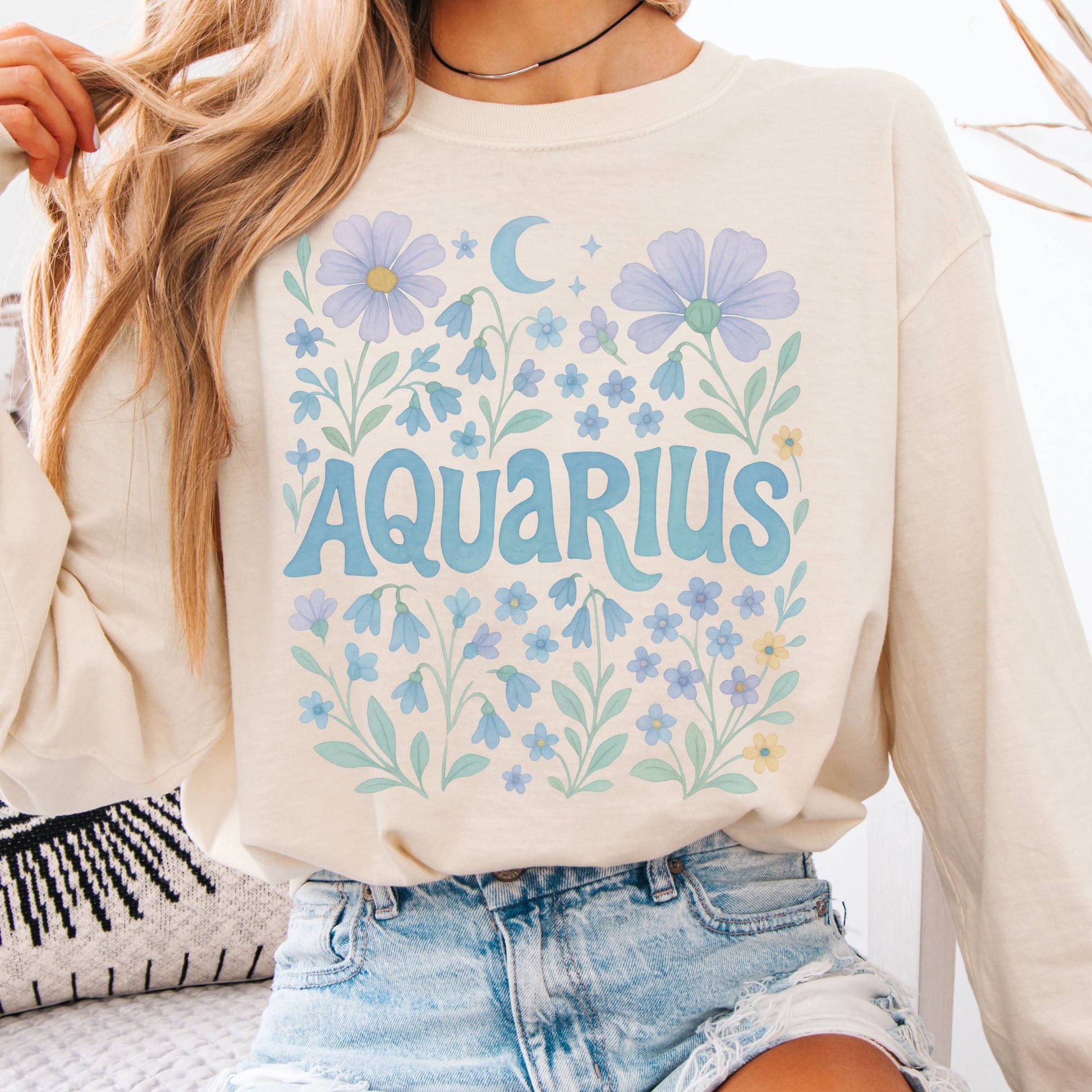 Long-sleeve Ivory / S Aquarius Long Sleeve Shirt – Zodiac Retro Floral Tee The Mystic Eden