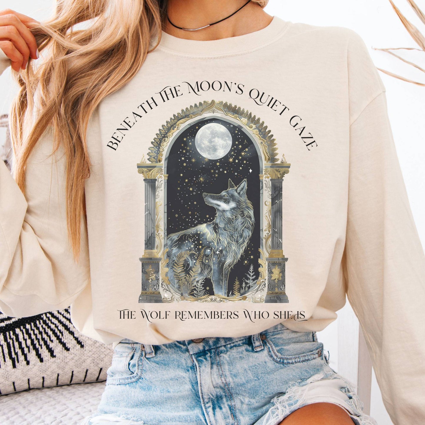 Long-sleeve Ivory / S Beneath The Moon The Wolf Remembers Who She Is Long Sleeve Tee The Mystic Eden
