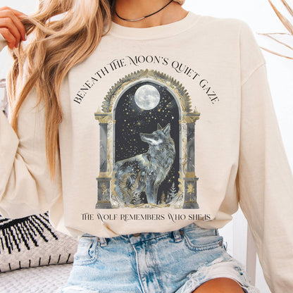 Long-sleeve Ivory / S Beneath The Moon The Wolf Remembers Who She Is Long Sleeve Tee The Mystic Eden