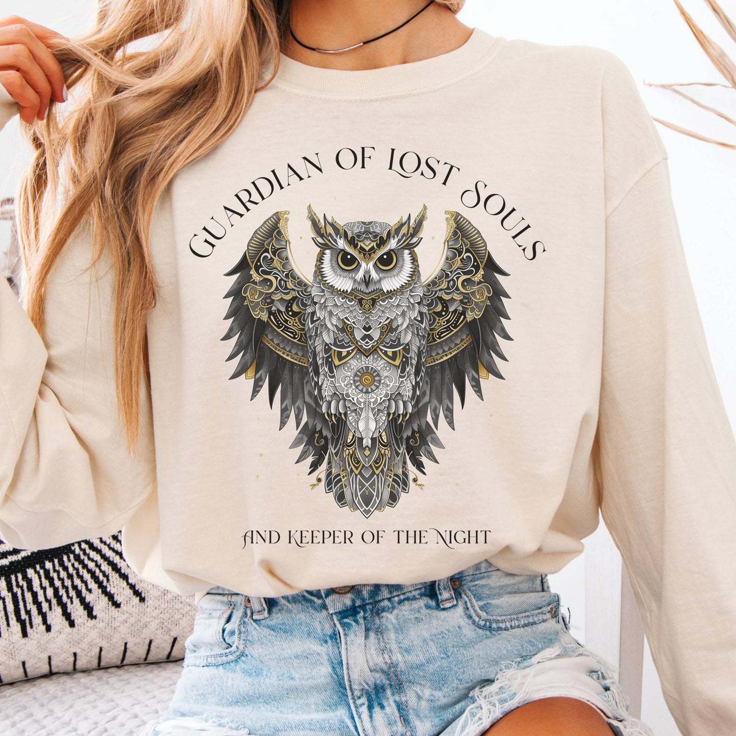 Long-sleeve Ivory / S Guardian of Lost Souls Mythic Owl Long Sleeve Tee The Mystic Eden