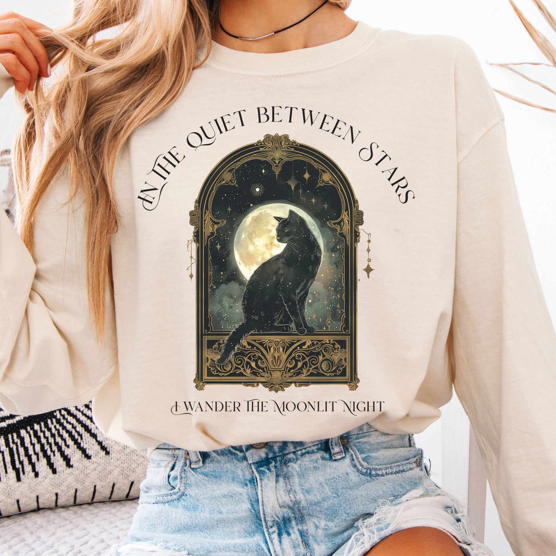 Long-sleeve Ivory / S In the Quiet Between Stars Moonlit Cat Long Sleeve Tee The Mystic Eden