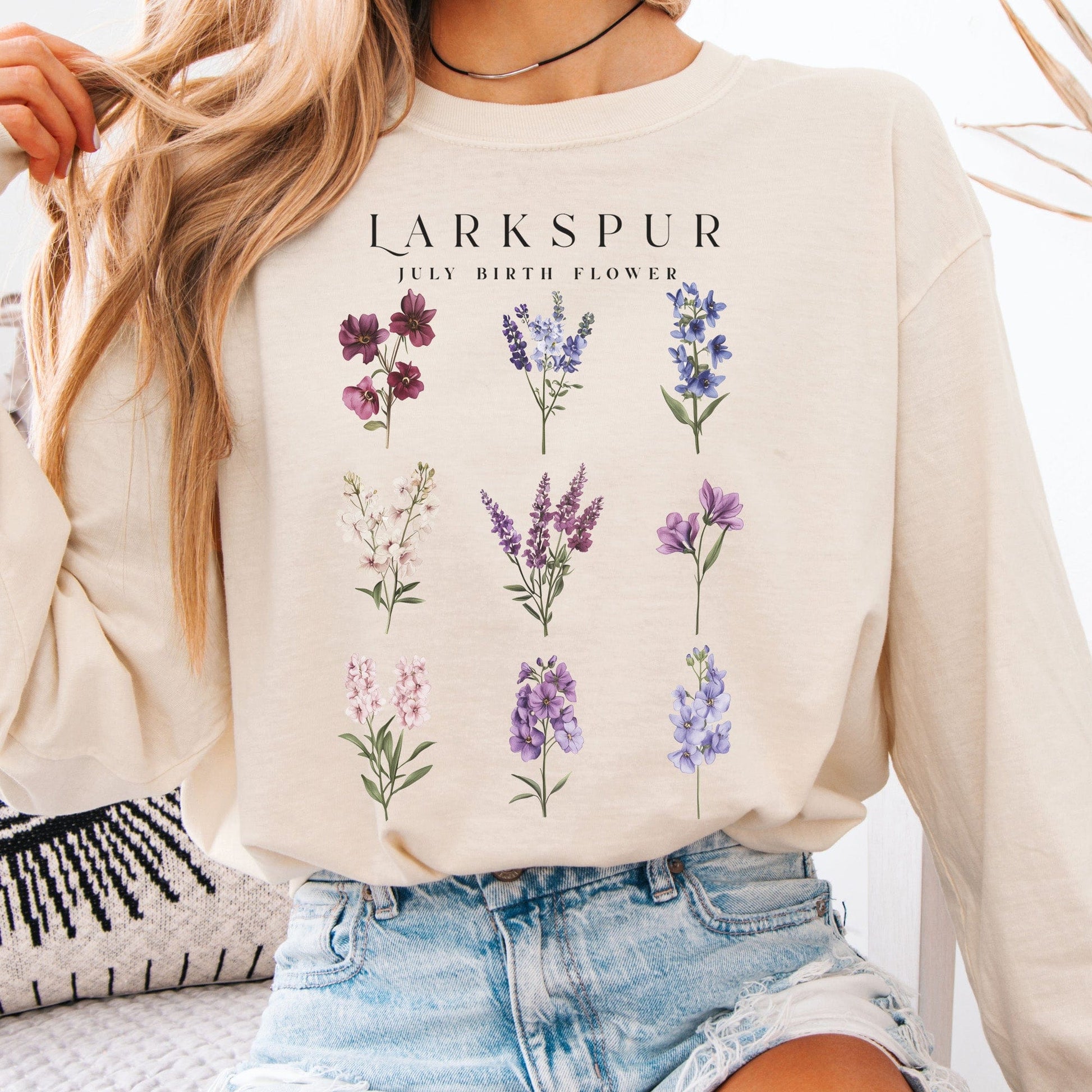 Long-sleeve Ivory / S Larkspur July Birth Month Flower Long Sleeve Shirt The Mystic Eden