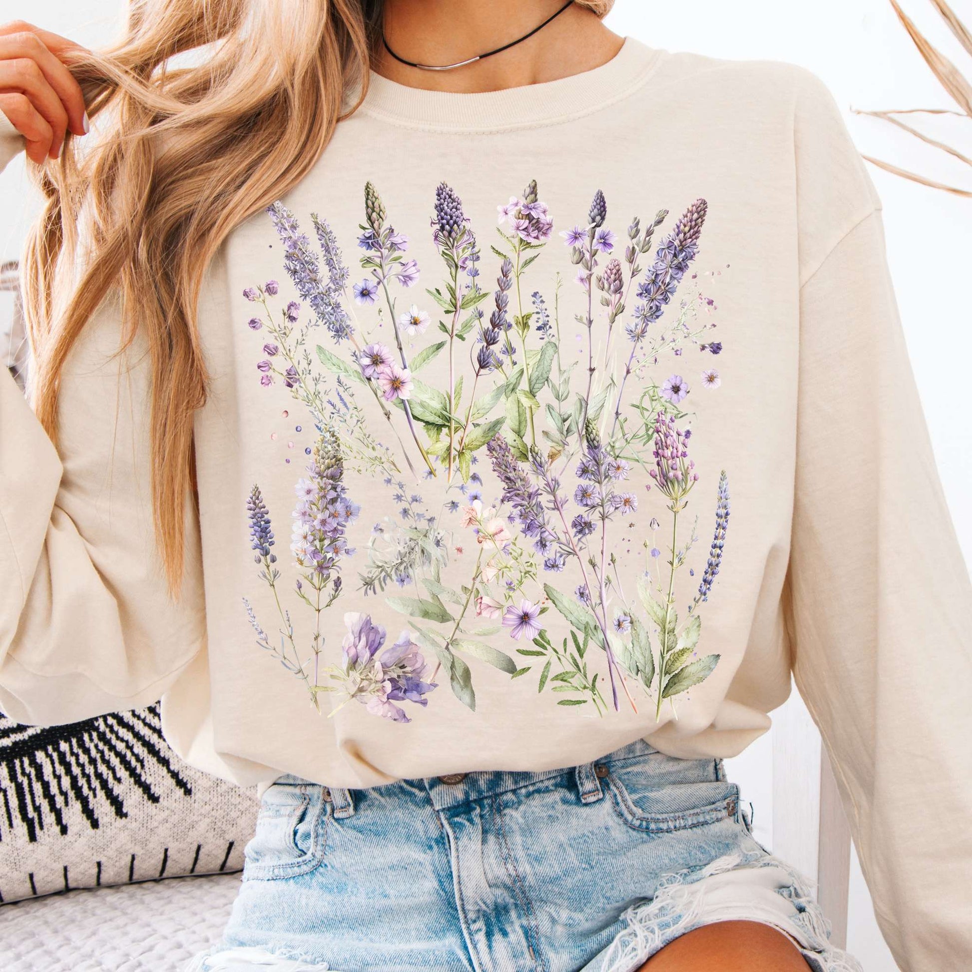 lavender flower shirt Lavender Floral Long Sleeve Shirt Cottagecore Clothing Berry / XL