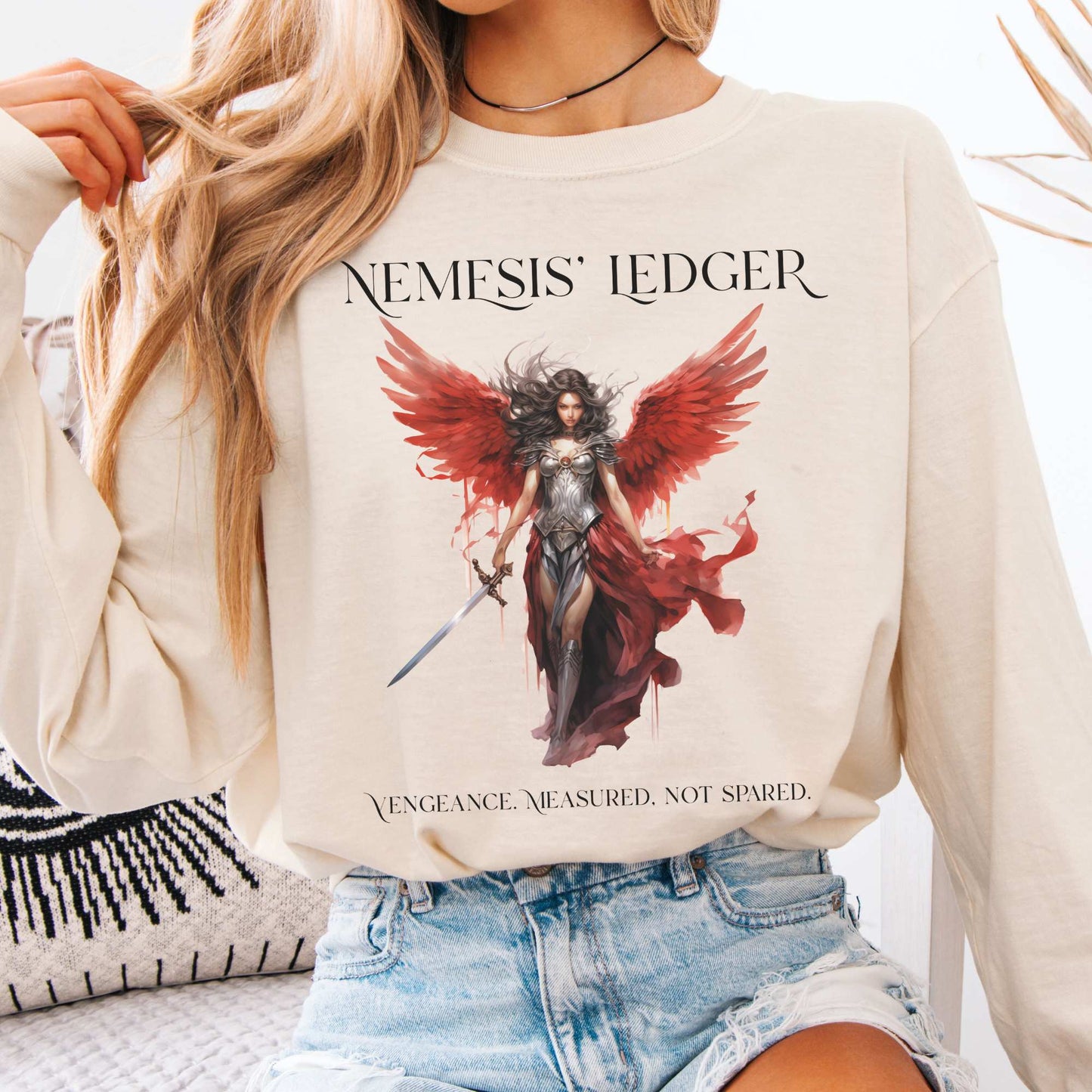 Long-sleeve Ivory / S Nemesis' Ledger Goddess of Retribution  Long Sleeve T-Shirt The Mystic Eden
