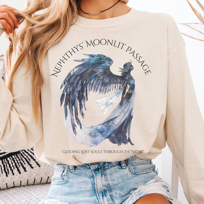Long-sleeve Ivory / S Nephthys' Moonlit Passage Egyptian Mythology Long Sleeve Tee The Mystic Eden