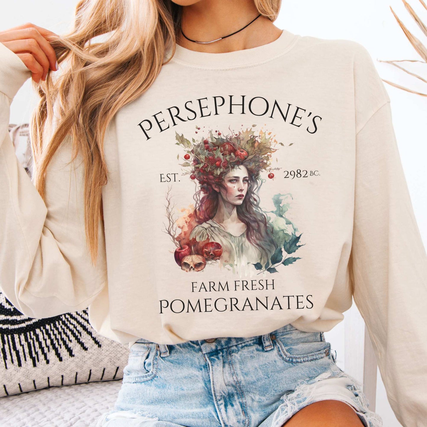 Long-sleeve Ivory / S Persephone's Farm Fresh Pomegranates Long Sleeve T-Shirt The Mystic Eden