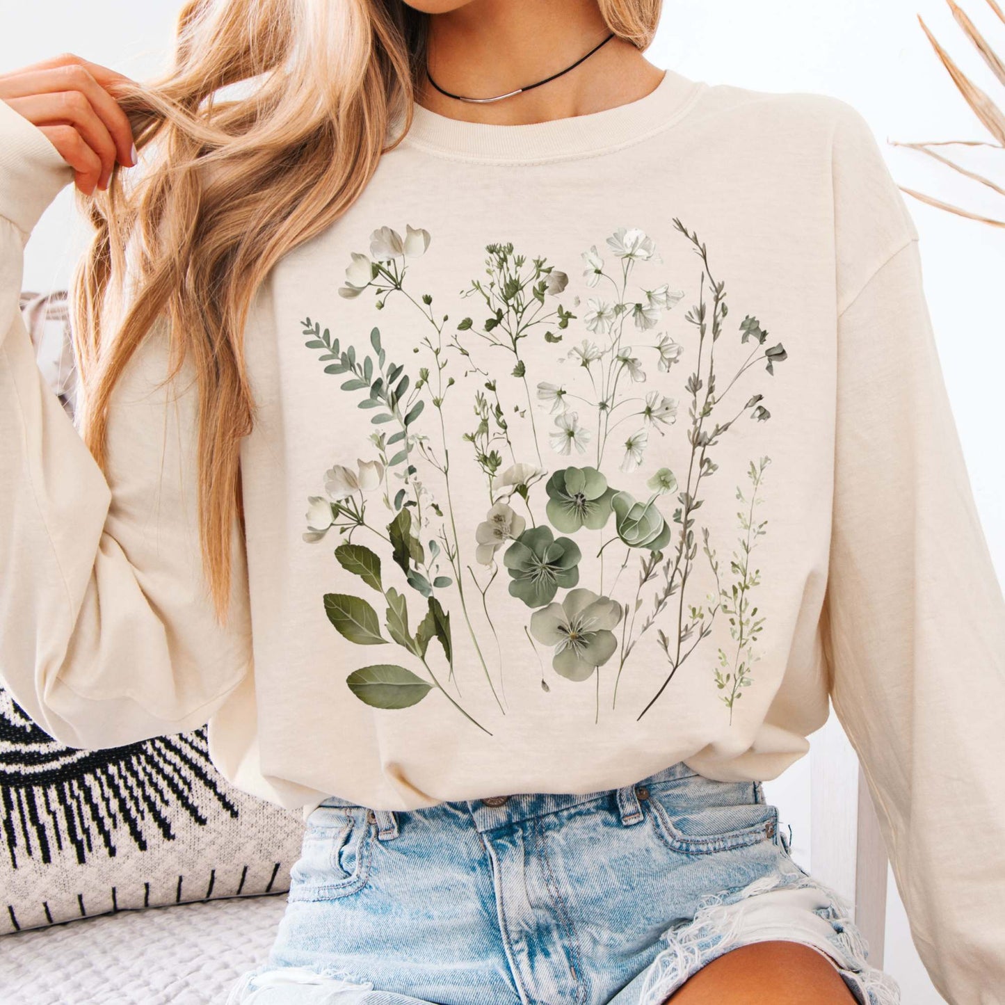 Long-sleeve Ivory / S Sage and White Wildflower Long Sleeve T-Shirt The Mystic Eden