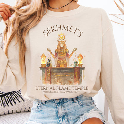 Long-sleeve Ivory / S Sekhmet's Eternal Flame Temple Egyptian Mythology Long Sleeve Tee The Mystic Eden