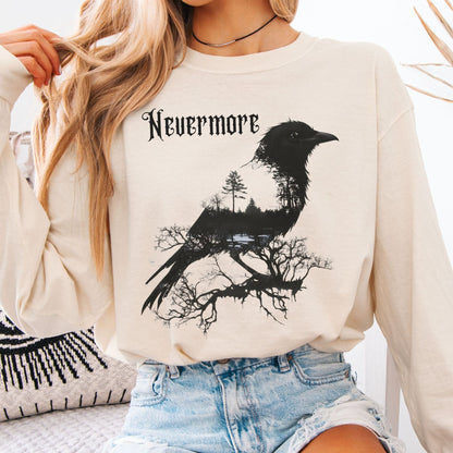 Long-sleeve Ivory / S The Raven Nevermore Long Sleeved Shirt Edgar Allan Poe The Mystic Eden