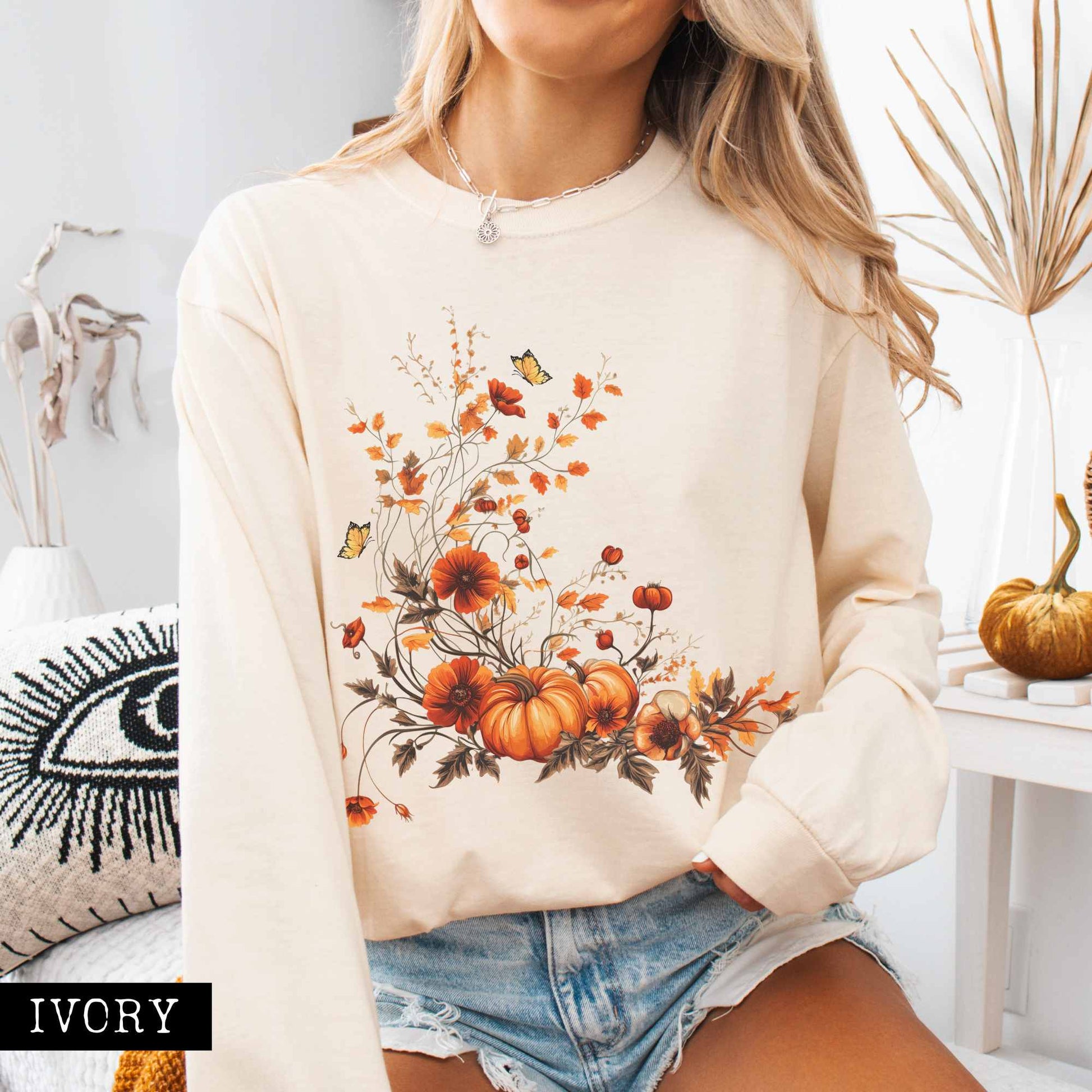 Long-sleeve Ivory / S Vintage fall floral pumpkin long sleeve tee The Mystic Eden