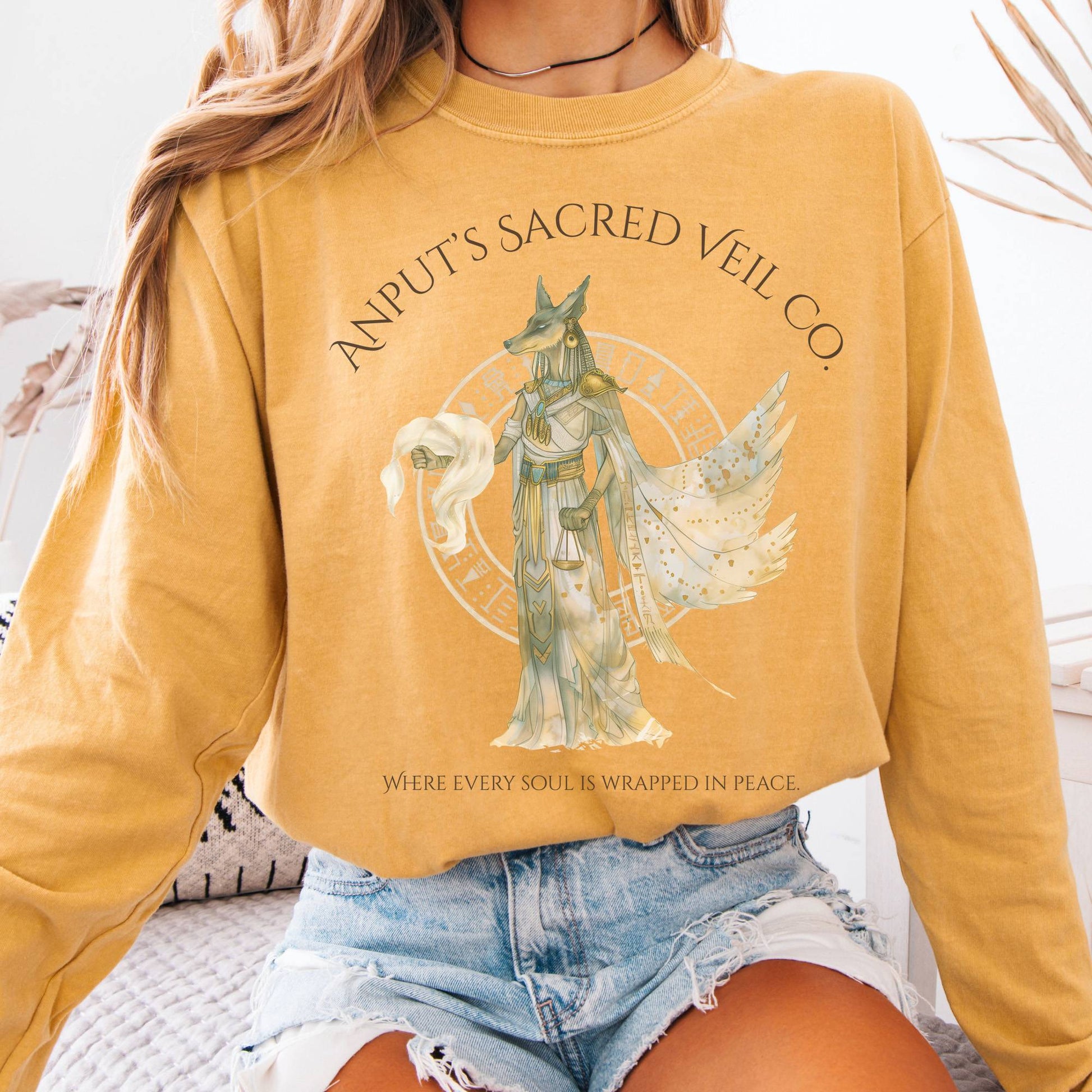 Long-sleeve Mustard / S Anputs Sacred Veil Co Egyptian Mythology Long Sleeve Tee The Mystic Eden