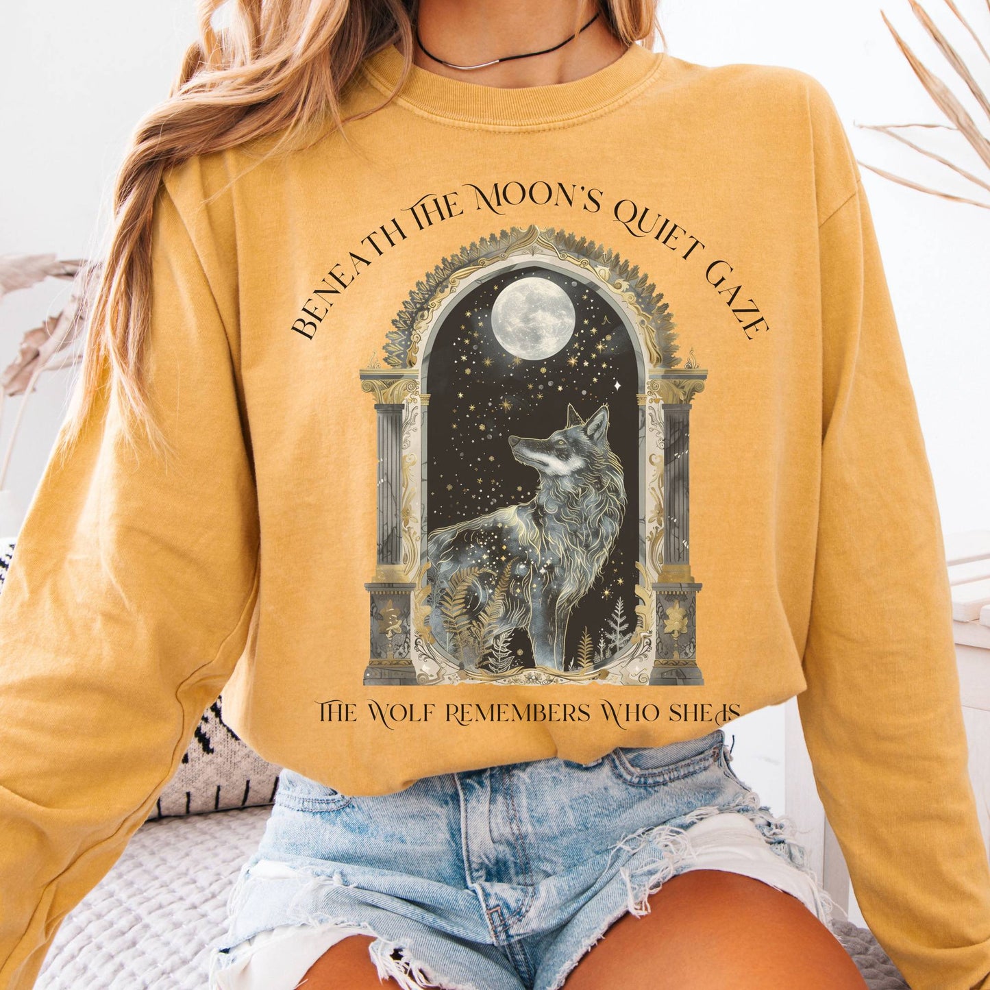 Long-sleeve Mustard / S Beneath The Moon The Wolf Remembers Who She Is Long Sleeve Tee The Mystic Eden