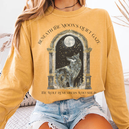 Long-sleeve Mustard / S Beneath The Moon The Wolf Remembers Who She Is Long Sleeve Tee The Mystic Eden