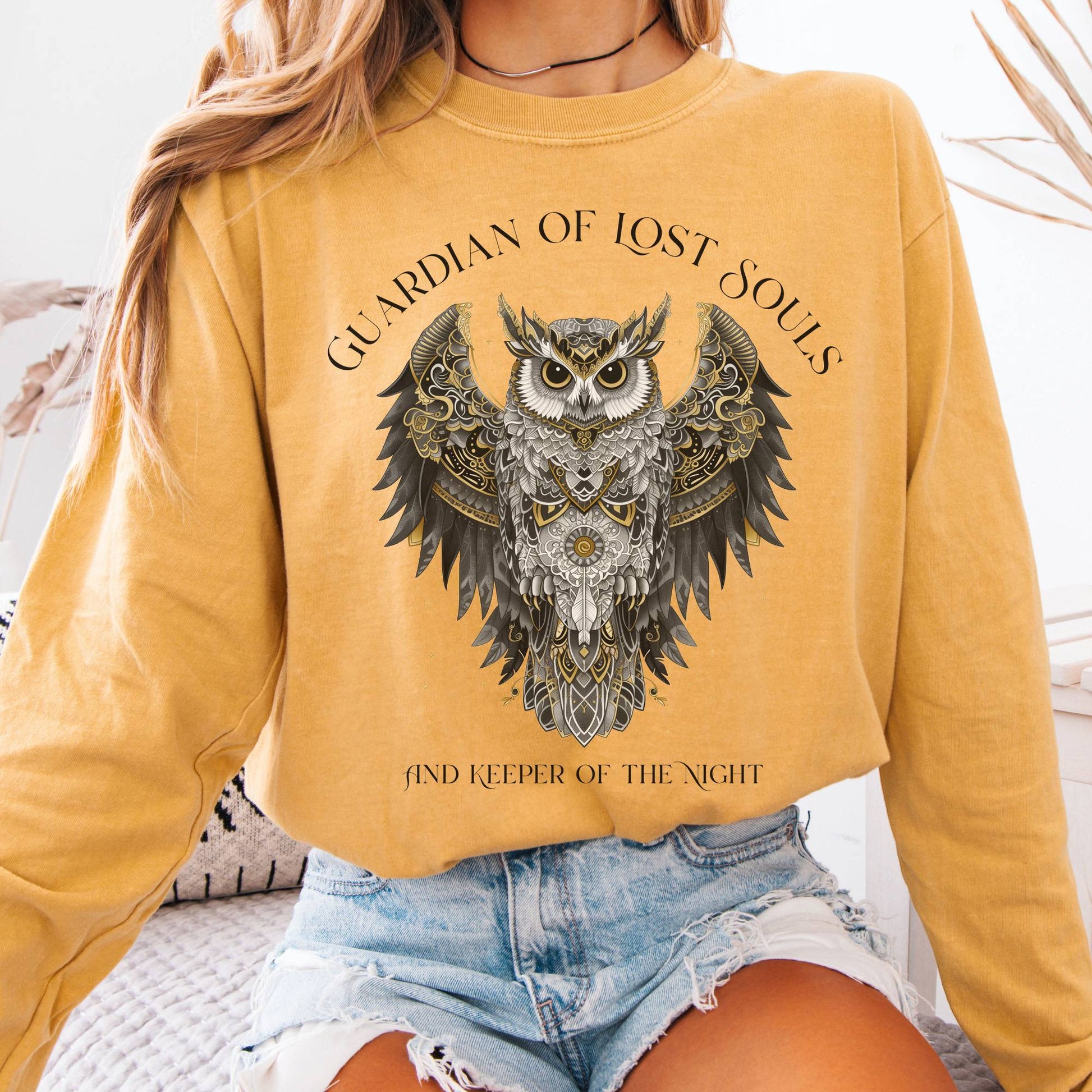 Long-sleeve Mustard / S Guardian of Lost Souls Mythic Owl Long Sleeve Tee The Mystic Eden