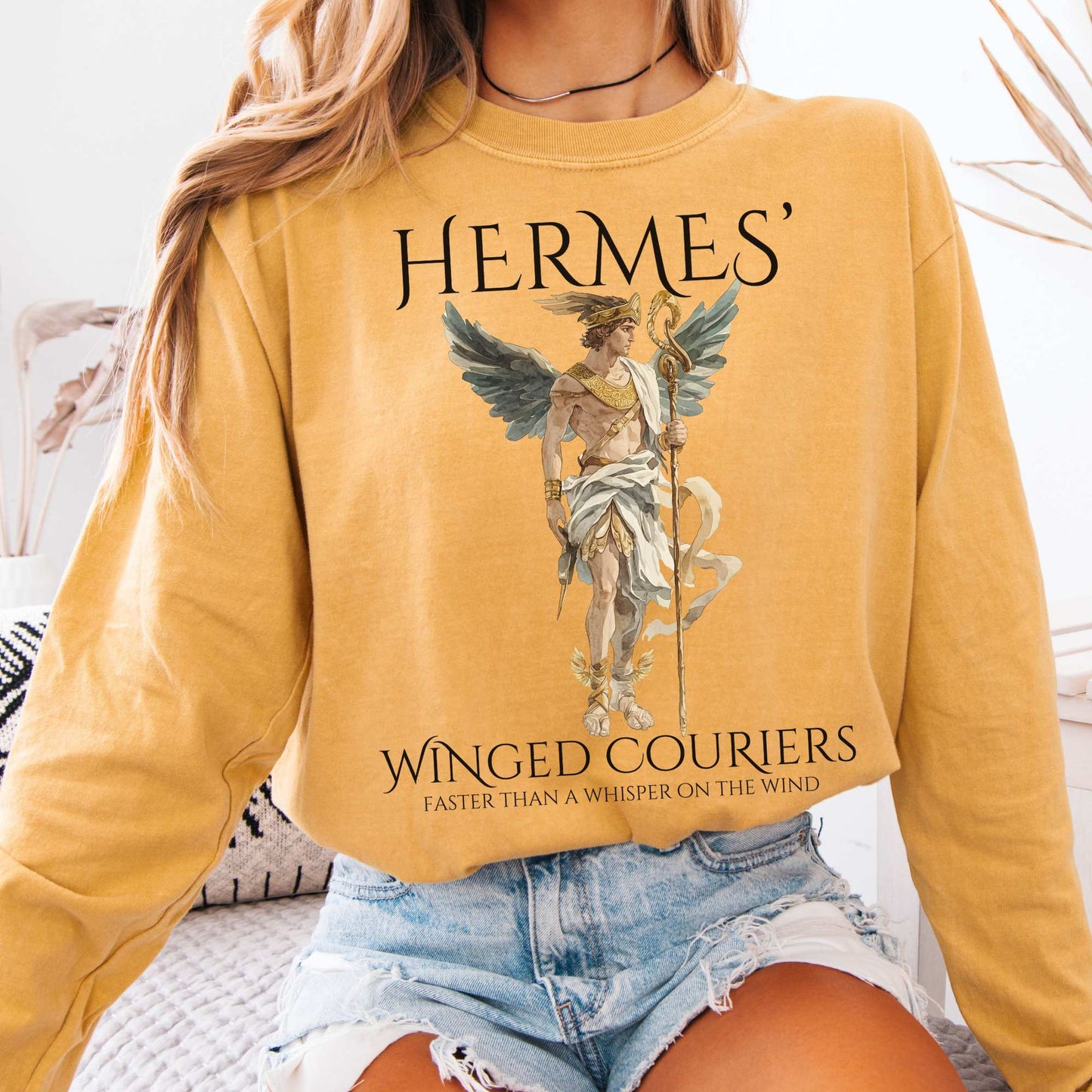 Long-sleeve Mustard / S Hermes' Winged Couriers Mythology Long Sleeve Tee The Mystic Eden