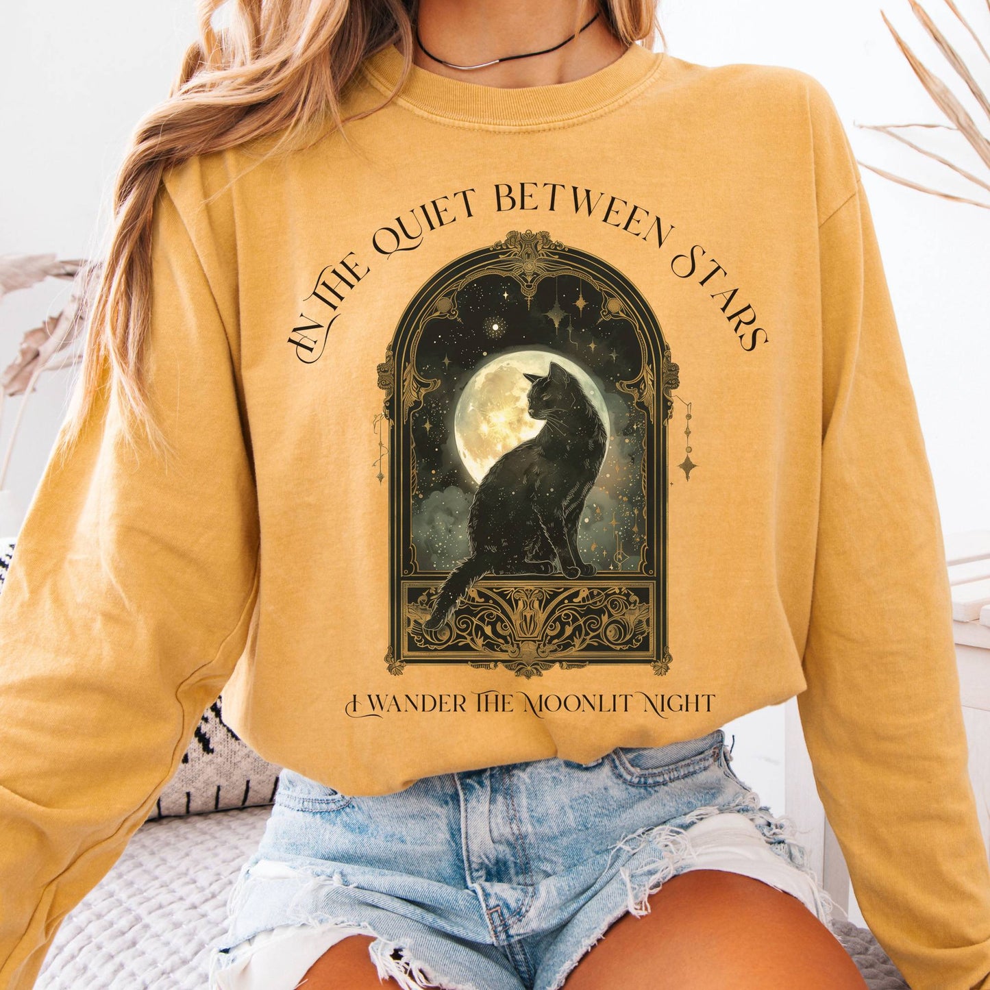 Long-sleeve Mustard / S In the Quiet Between Stars Moonlit Cat Long Sleeve Tee The Mystic Eden