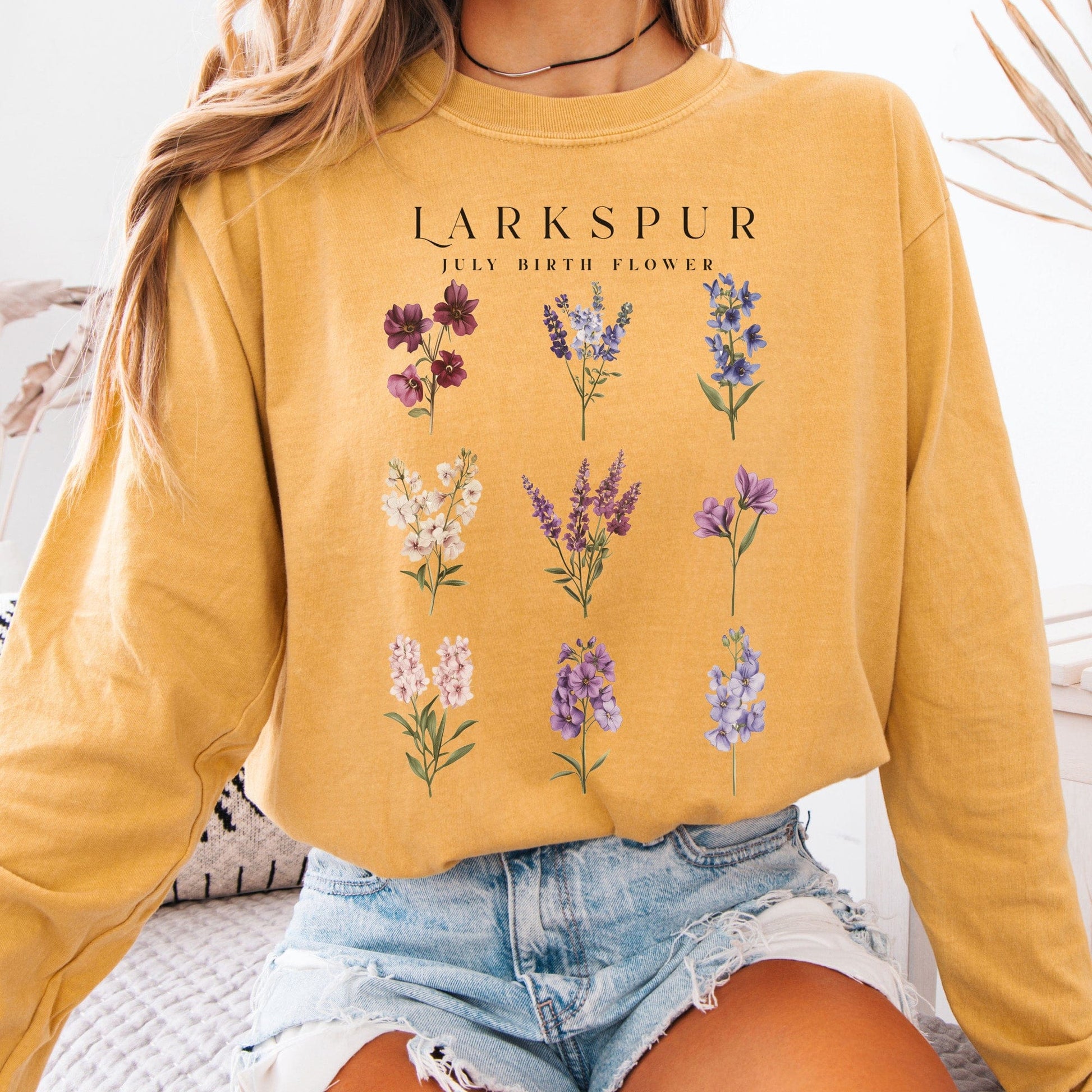 Long-sleeve Mustard / S Larkspur July Birth Month Flower Long Sleeve Shirt The Mystic Eden