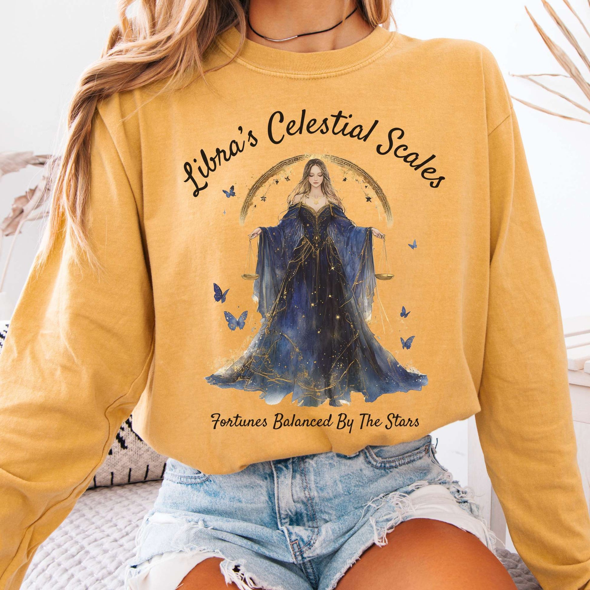 Long-sleeve Mustard / S Libra's Celestial Scales Zodiac Long Sleeve Shirt The Mystic Eden