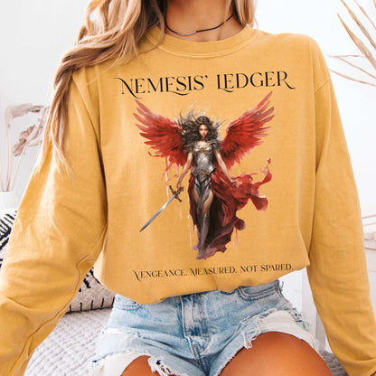 Long-sleeve Mustard / S Nemesis' Ledger Goddess of Retribution  Long Sleeve T-Shirt The Mystic Eden