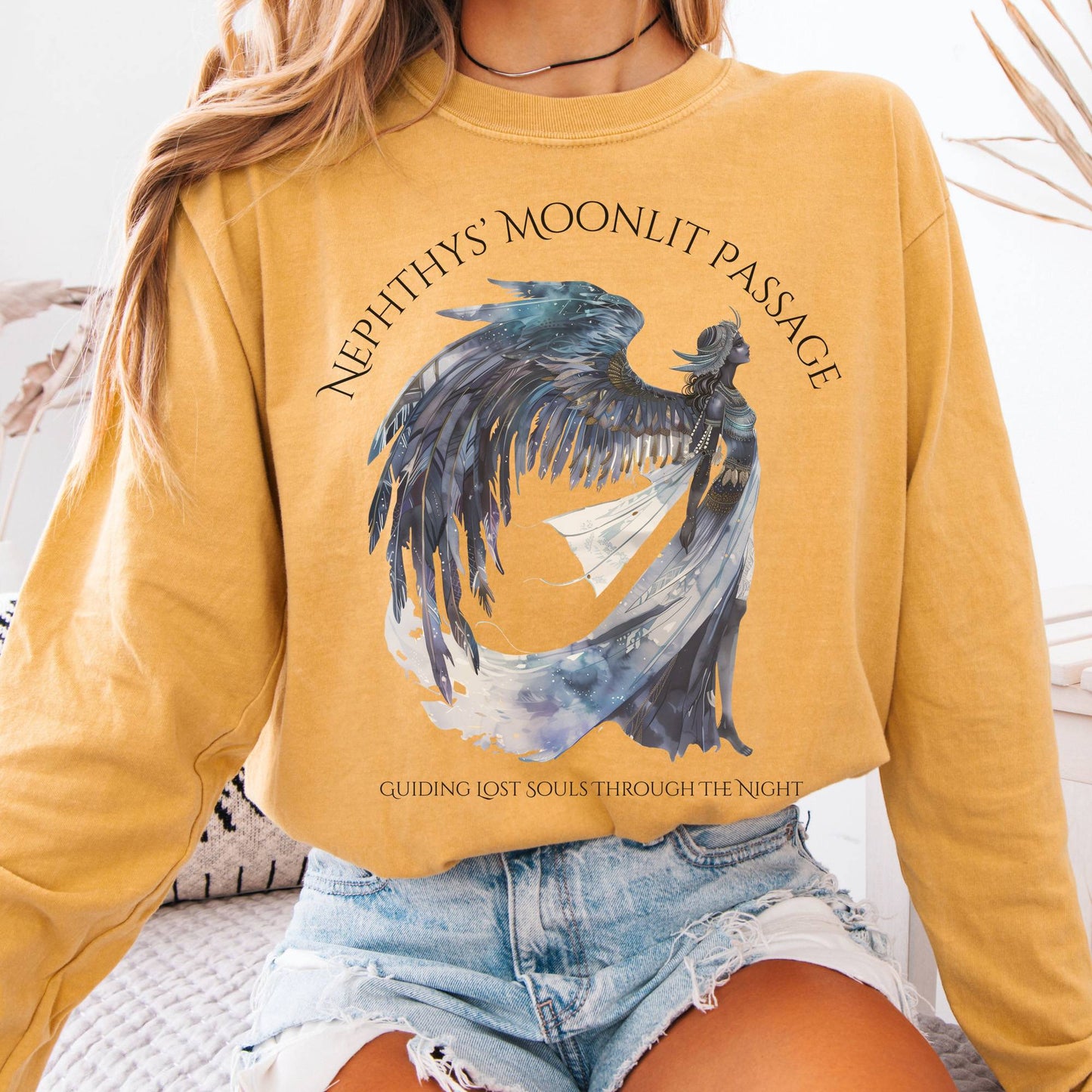 Long-sleeve Mustard / S Nephthys' Moonlit Passage Egyptian Mythology Long Sleeve Tee The Mystic Eden
