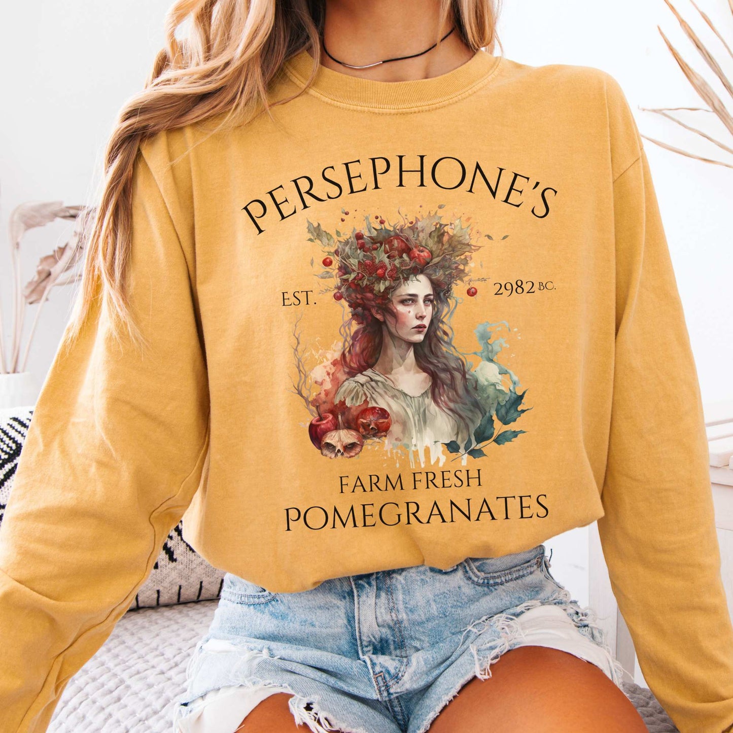 Long-sleeve Mustard / S Persephone's Farm Fresh Pomegranates Long Sleeve T-Shirt The Mystic Eden