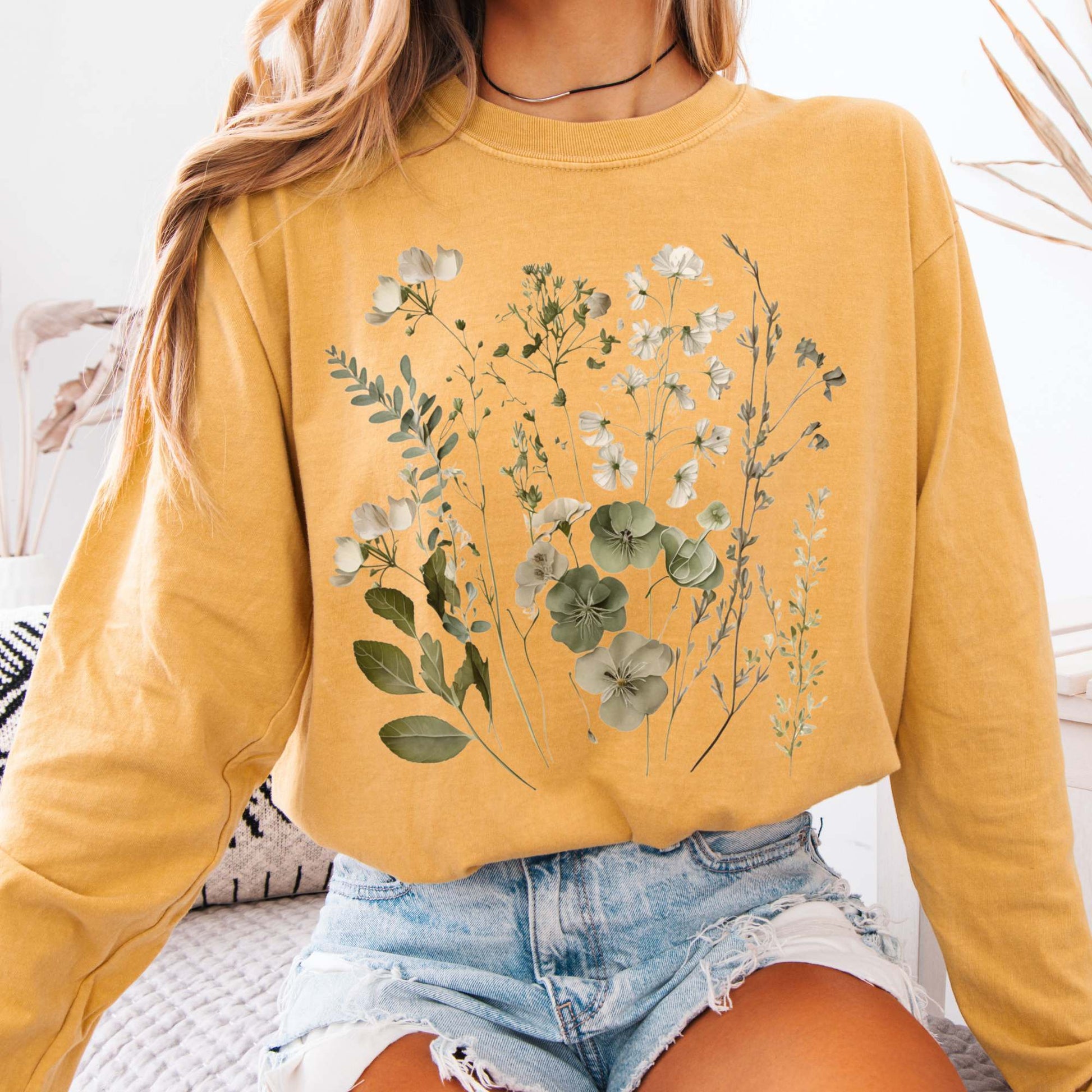 Long-sleeve Mustard / S Sage and White Wildflower Long Sleeve T-Shirt The Mystic Eden