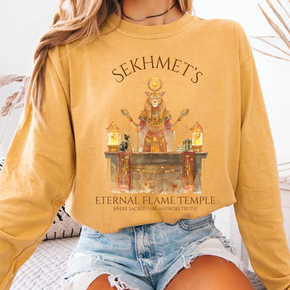 Long-sleeve Mustard / S Sekhmet's Eternal Flame Temple Egyptian Mythology Long Sleeve Tee The Mystic Eden