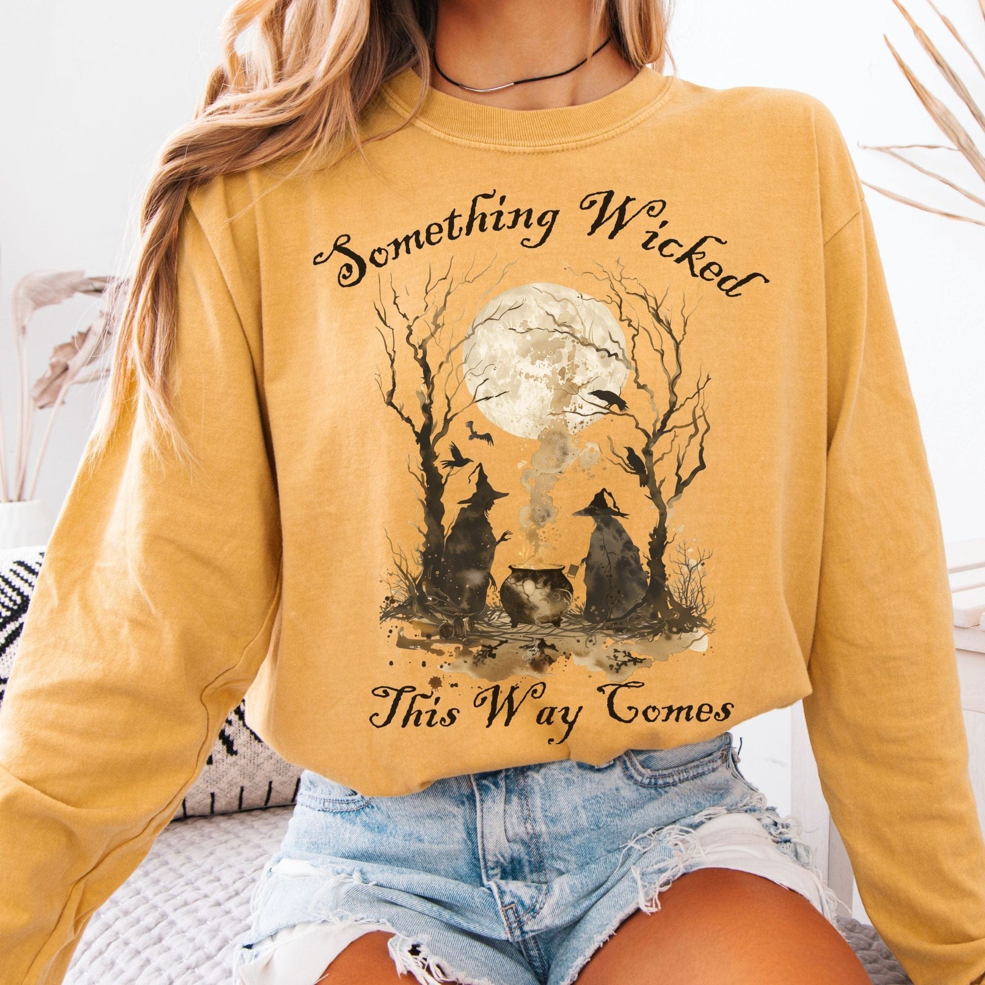 Long-sleeve Mustard / S Something Wicked This Way Comes Shakespeare Macbeth Witches Long Sleeve Shirt The Mystic Eden