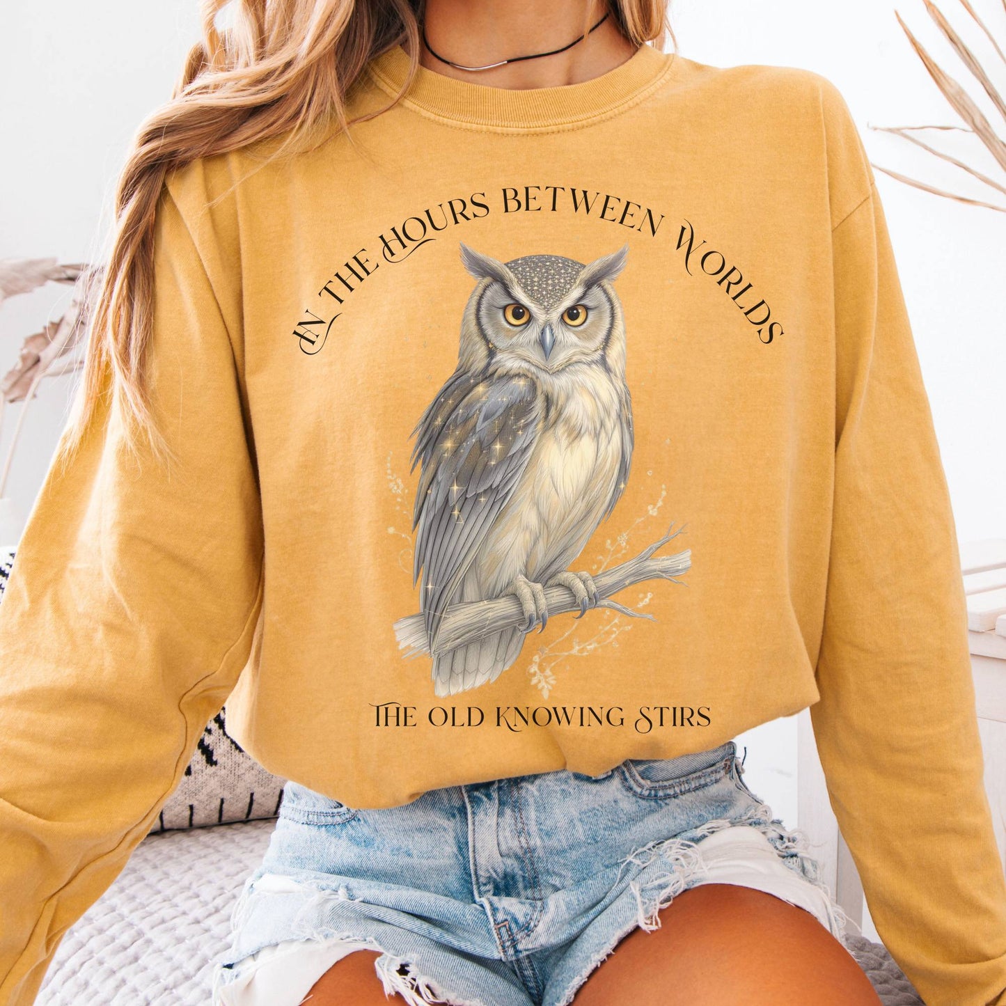 Long-sleeve Mustard / S The Old Knowing Stirs Mystical Owl Long Sleeve Tee The Mystic Eden