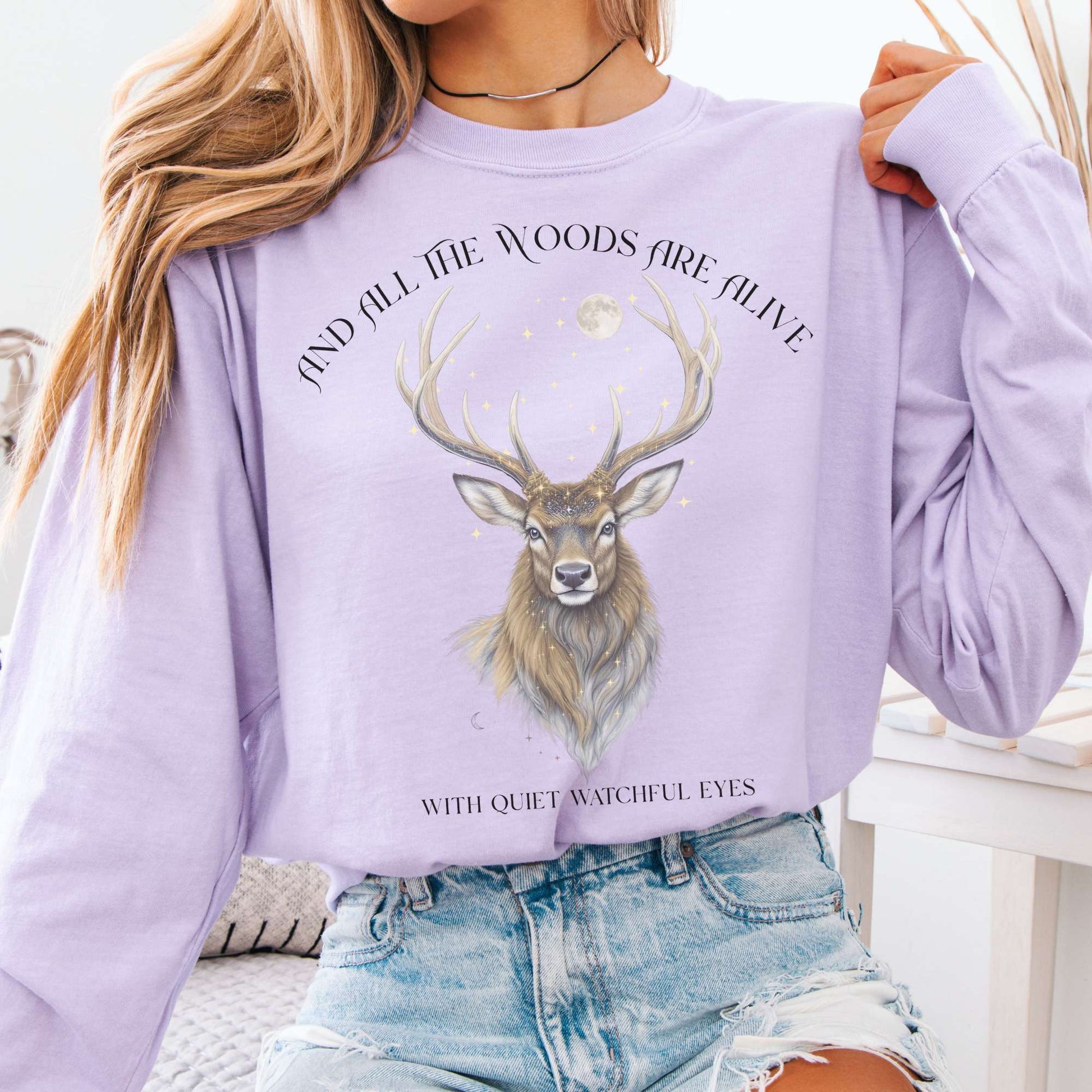 Long-sleeve Orchid / S All the Woods Are Alive With Watchful Eyes Walter de la Mare Tee The Mystic Eden