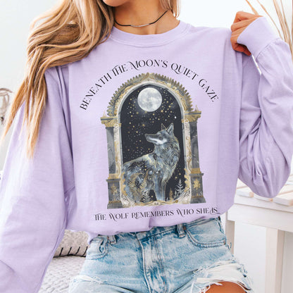 Long-sleeve Orchid / S Beneath The Moon The Wolf Remembers Who She Is Long Sleeve Tee The Mystic Eden