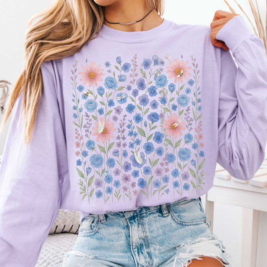Long-sleeve Orchid / S Blue Violet Wildflowers Long Sleeve Shirt Cottagecore long sleeve tee The Mystic Eden