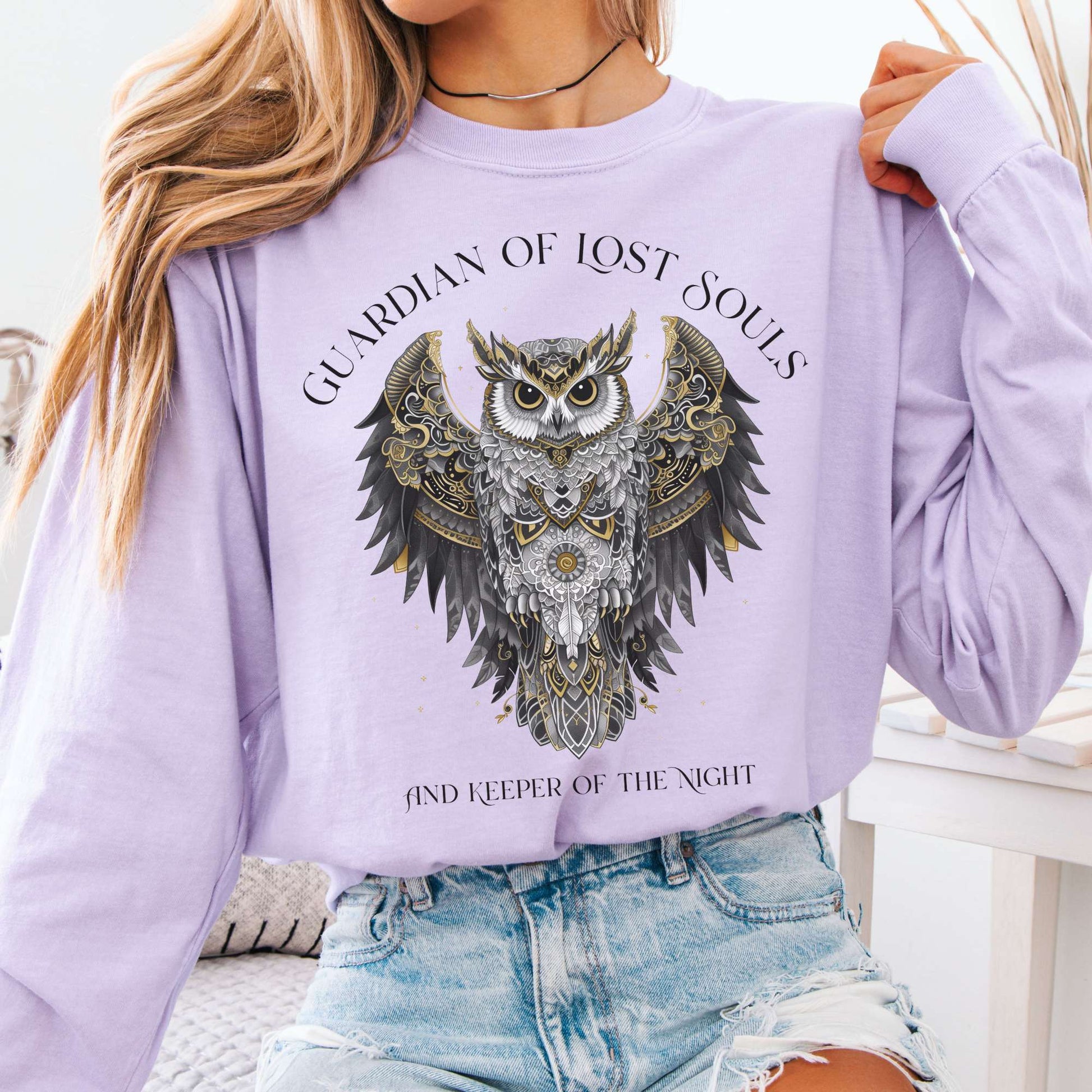 Long-sleeve Orchid / S Guardian of Lost Souls Mythic Owl Long Sleeve Tee The Mystic Eden