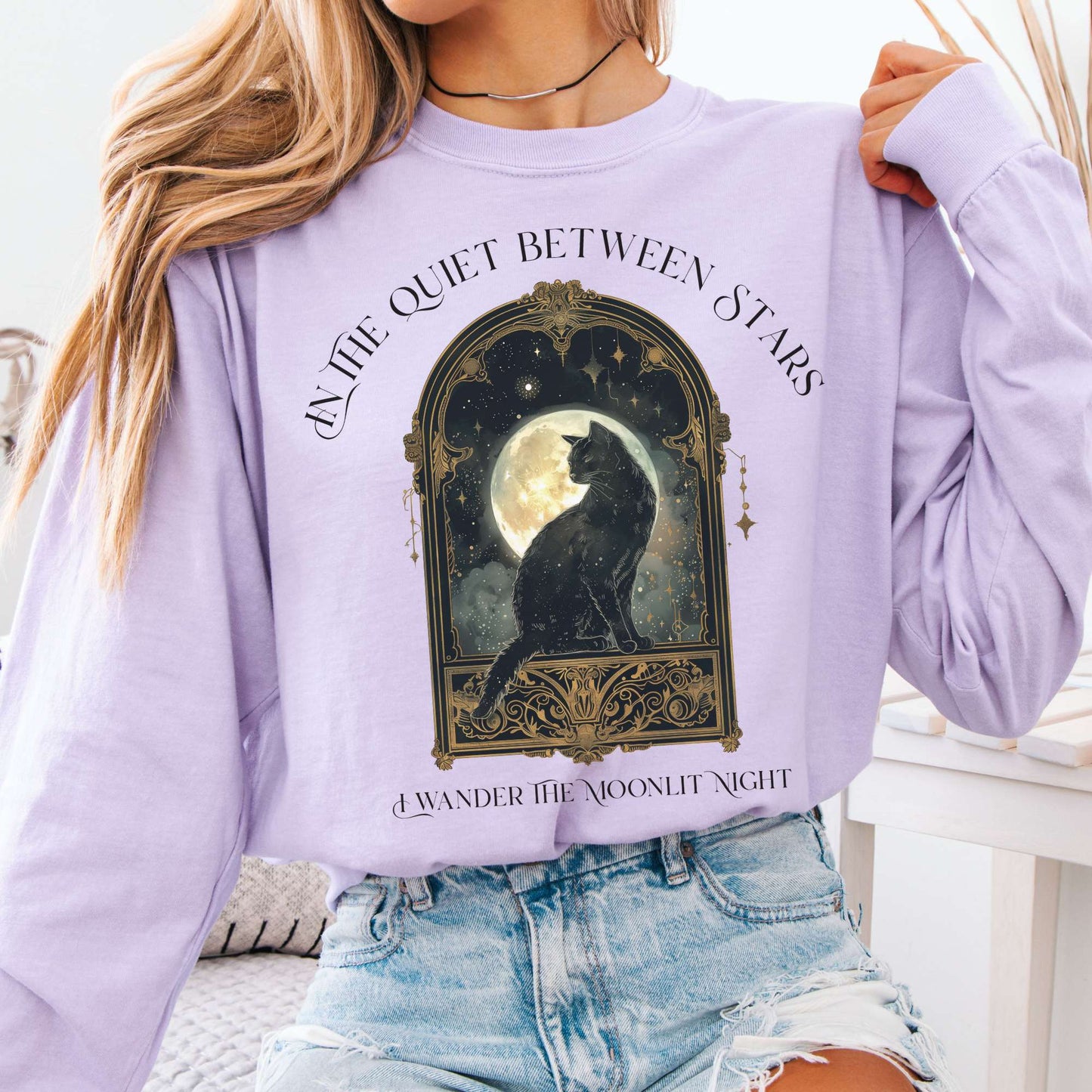 Long-sleeve Orchid / S In the Quiet Between Stars Moonlit Cat Long Sleeve Tee The Mystic Eden