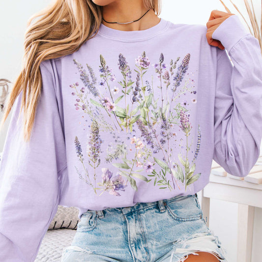 Long-sleeve Orchid / S Lavender Floral Long Sleeve Shirt Cottagecore Clothing The Mystic Eden