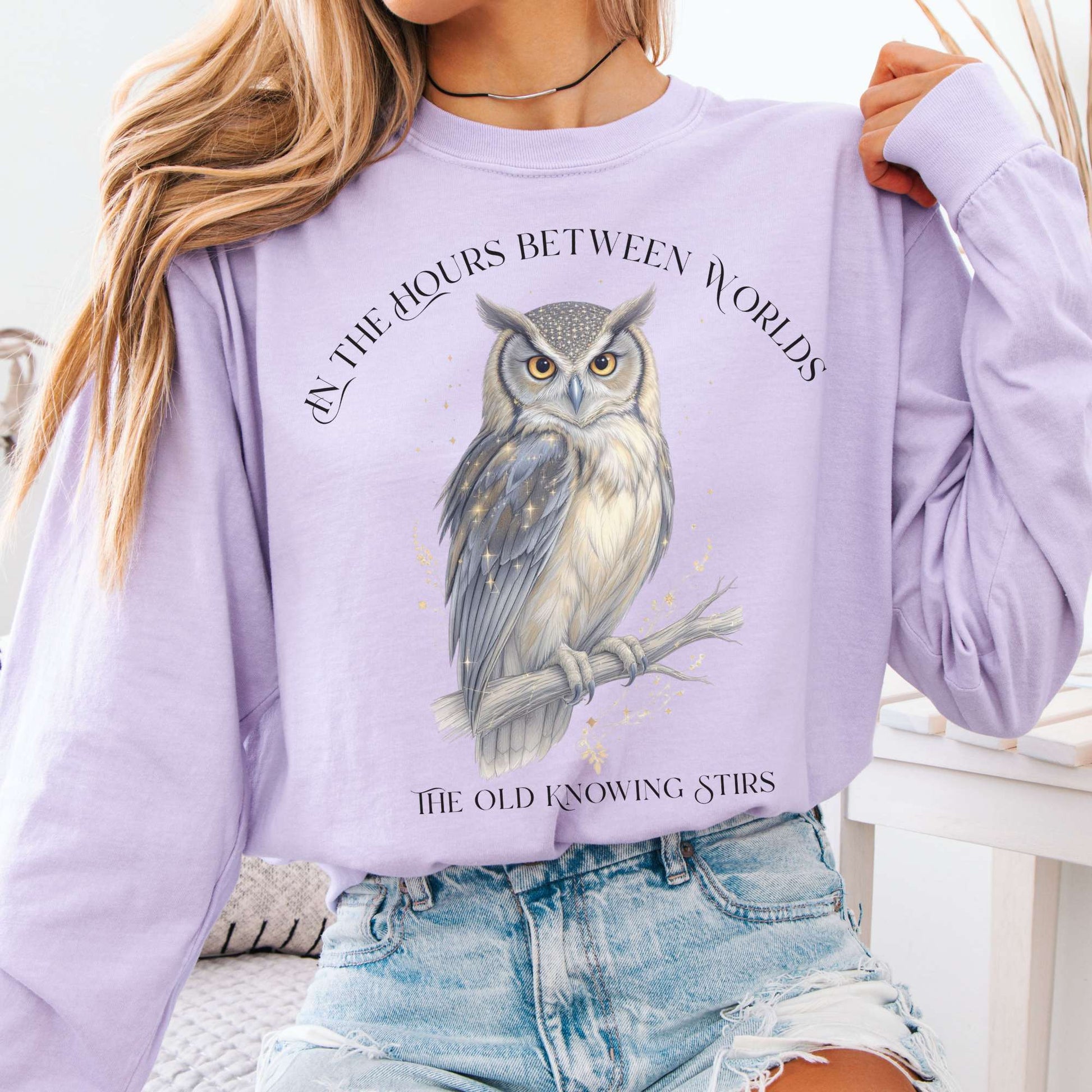 Long-sleeve Orchid / S The Old Knowing Stirs Mystical Owl Long Sleeve Tee The Mystic Eden