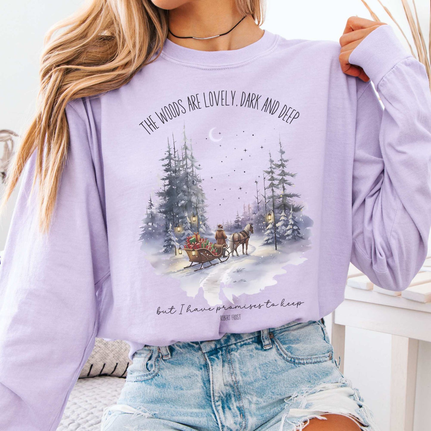 Long-sleeve Orchid / S The Woods Are Lovely Robert Frost Christmas Edition Long Sleeve Shirt The Mystic Eden