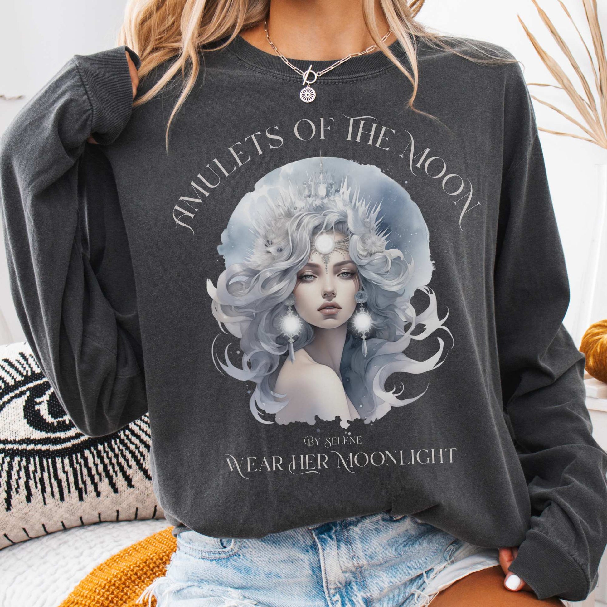 Long-sleeve Pepper / S Amulets of the Moon By Selene Goddess Long Sleeve T-Shirt The Mystic Eden