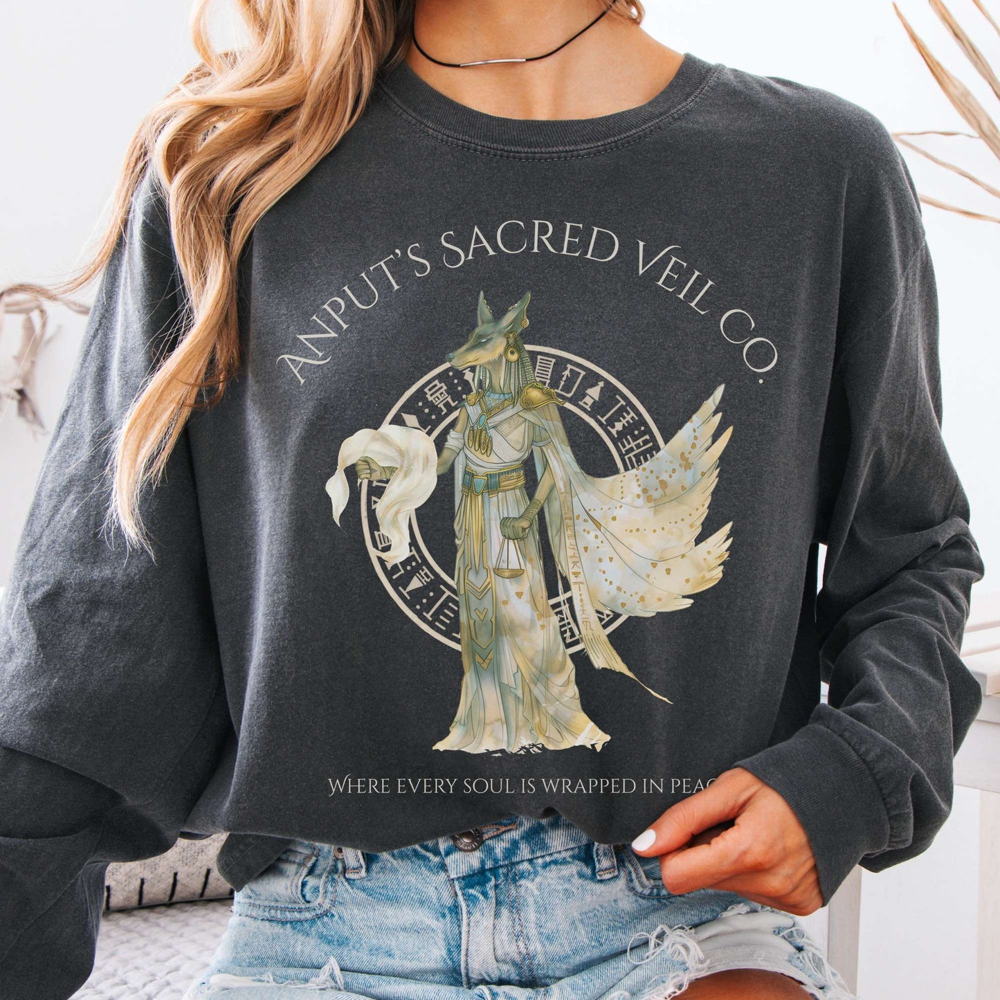 Long-sleeve Pepper / S Anputs Sacred Veil Co Egyptian Mythology Long Sleeve Tee The Mystic Eden