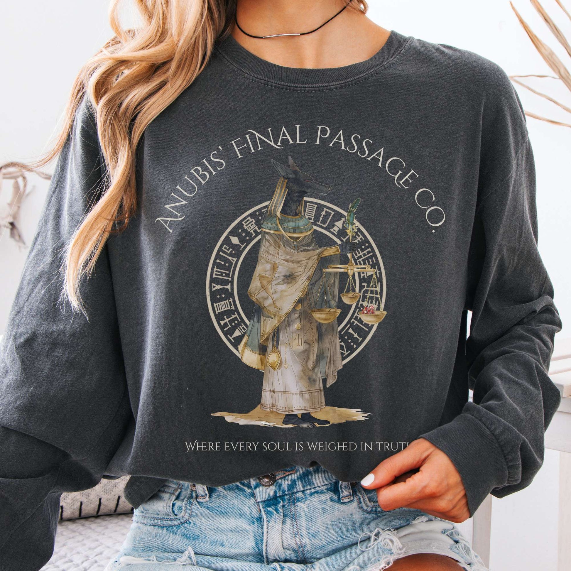 Long-sleeve Pepper / S Anubis Final Passage Co Egyptian Mythology Long Sleeve Tee The Mystic Eden