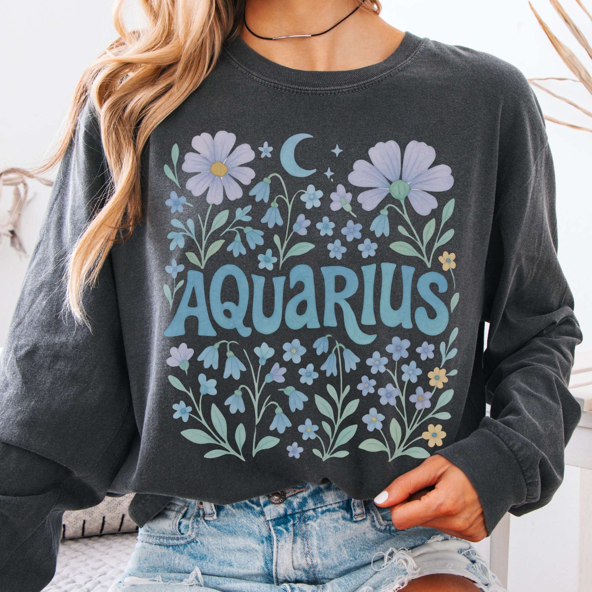 Long-sleeve Pepper / S Aquarius Long Sleeve Shirt – Zodiac Retro Floral Tee The Mystic Eden