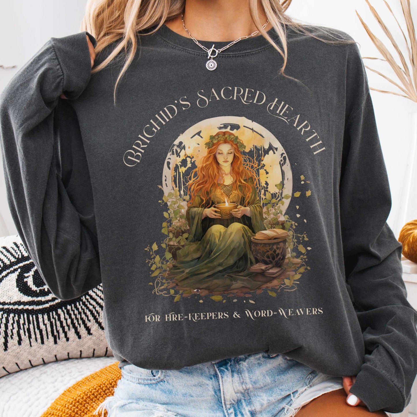 Long-sleeve Pepper / S Brighid's Sacred Hearth Goddess Long Sleeve T-Shirt The Mystic Eden