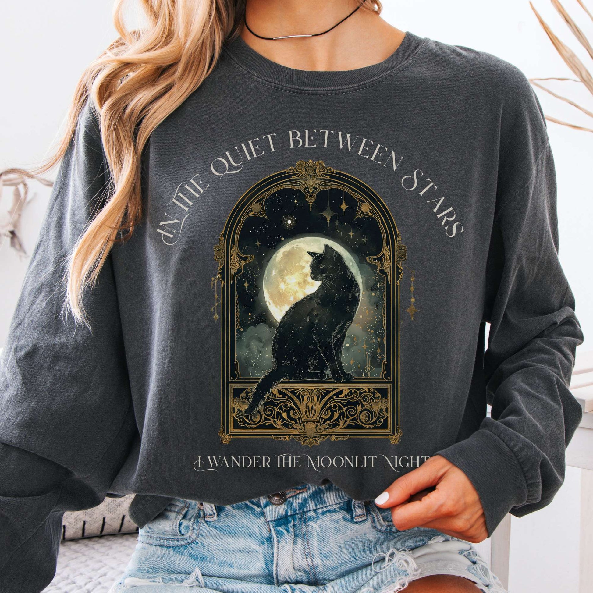 Long-sleeve Pepper / S In the Quiet Between Stars Moonlit Cat Long Sleeve Tee The Mystic Eden
